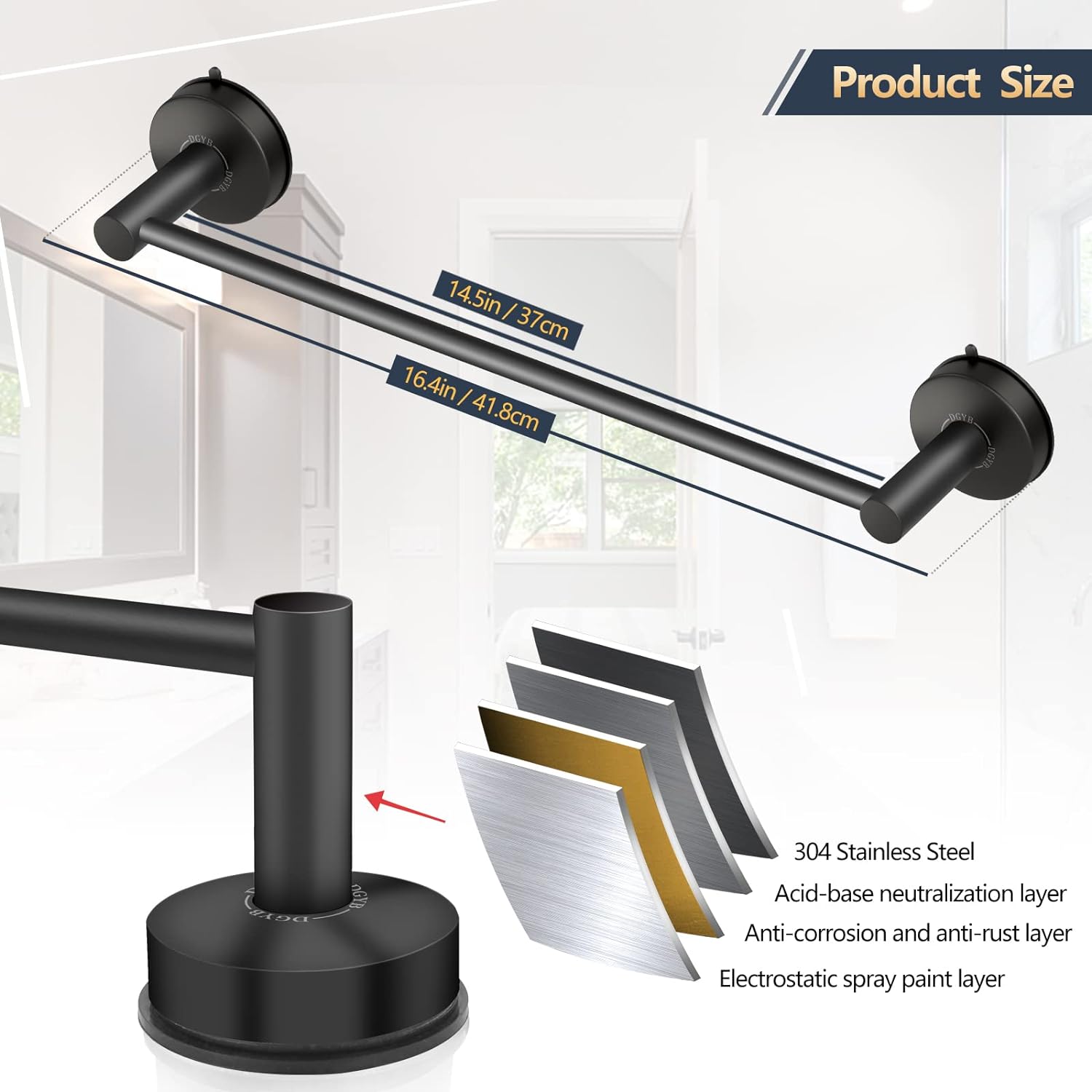 DGYB Suction Cup Towel Bar 17 Inch Matte Black Stainless Steel Bathroom Holder