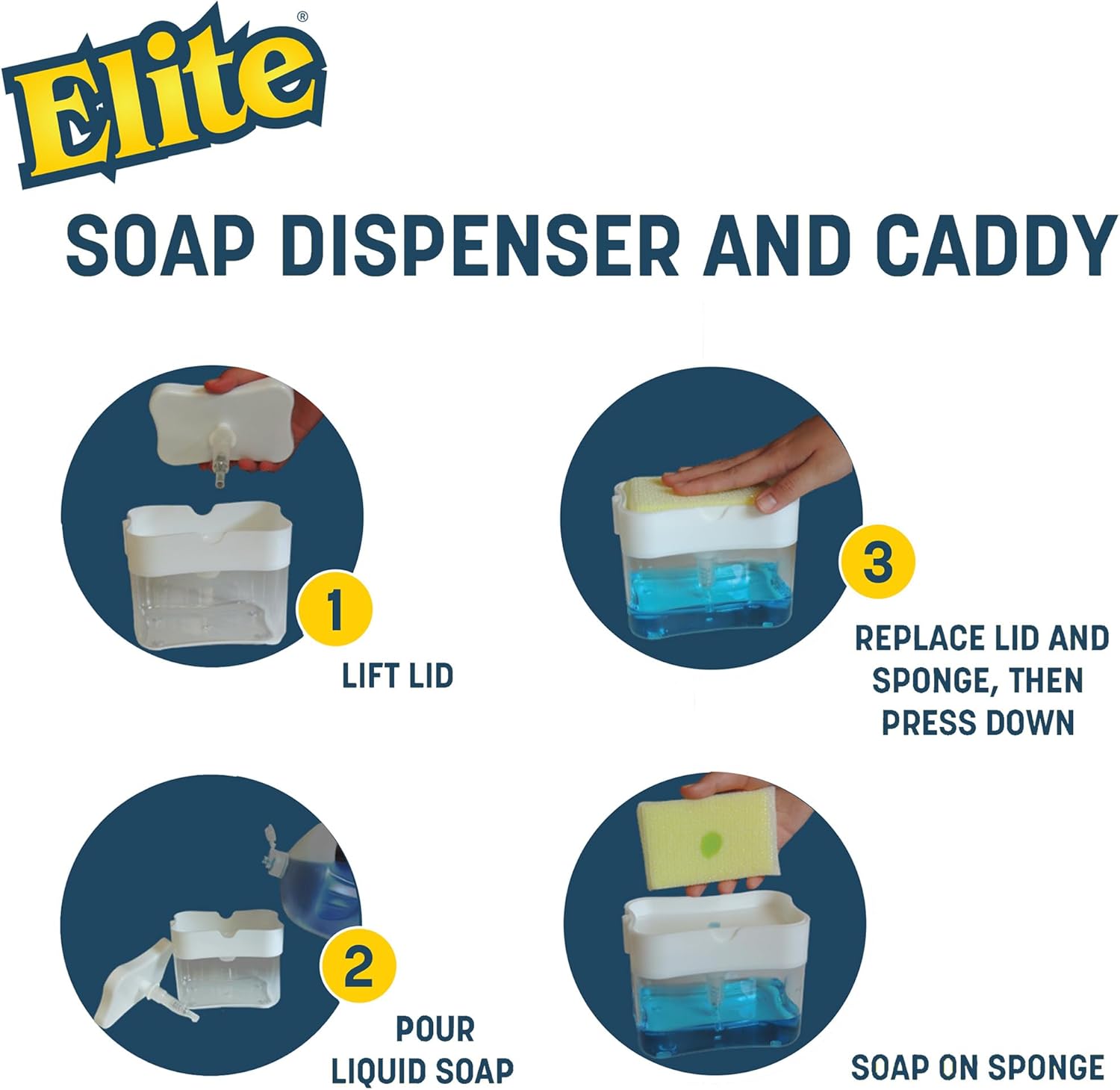 Elite Buddy Dish Soap Dispenser with Sponge Holder White