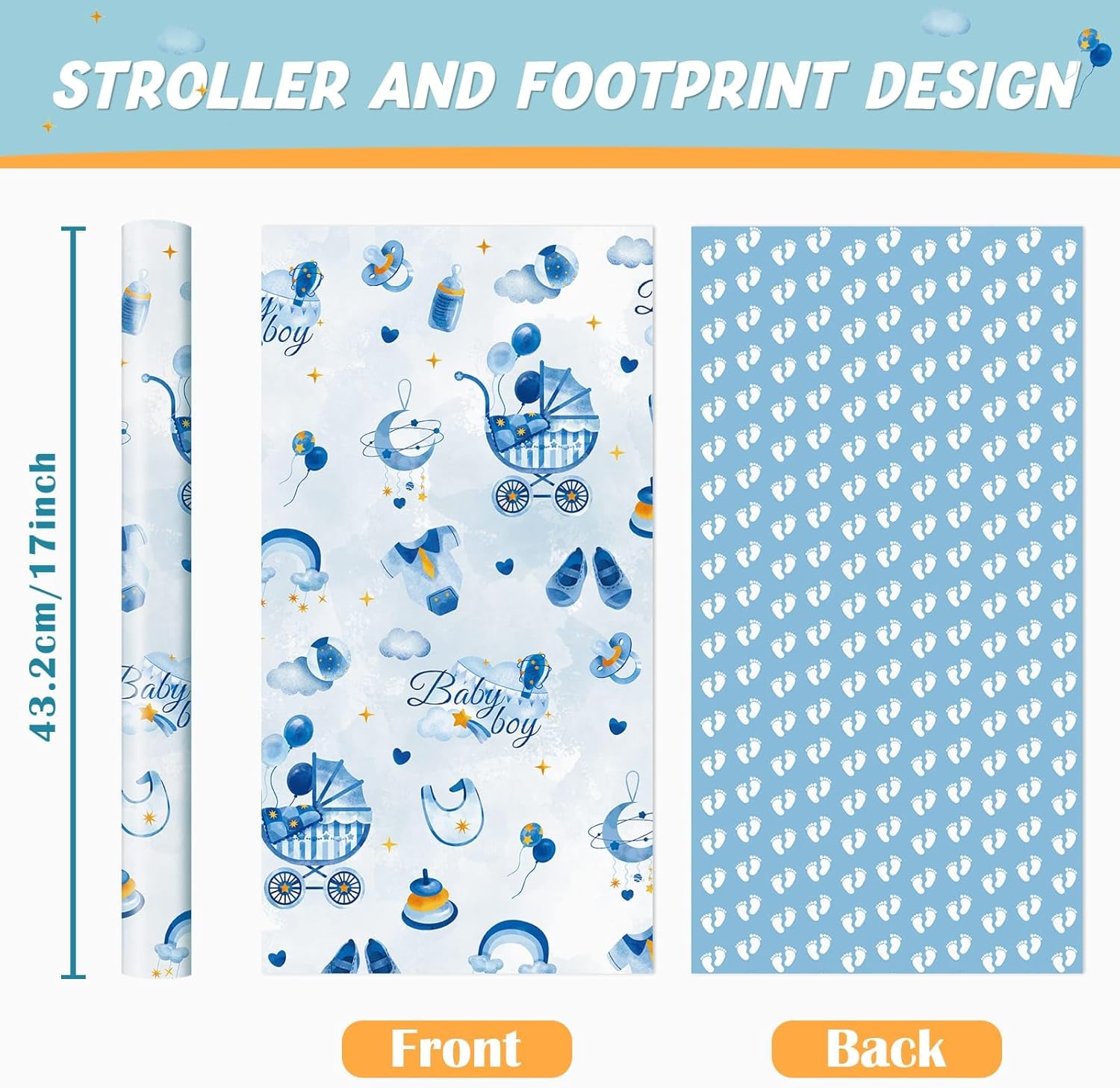 WERNNSAI Baby Boy Wrapping Paper Roll - 17x33ft Blue Elephant Design 1