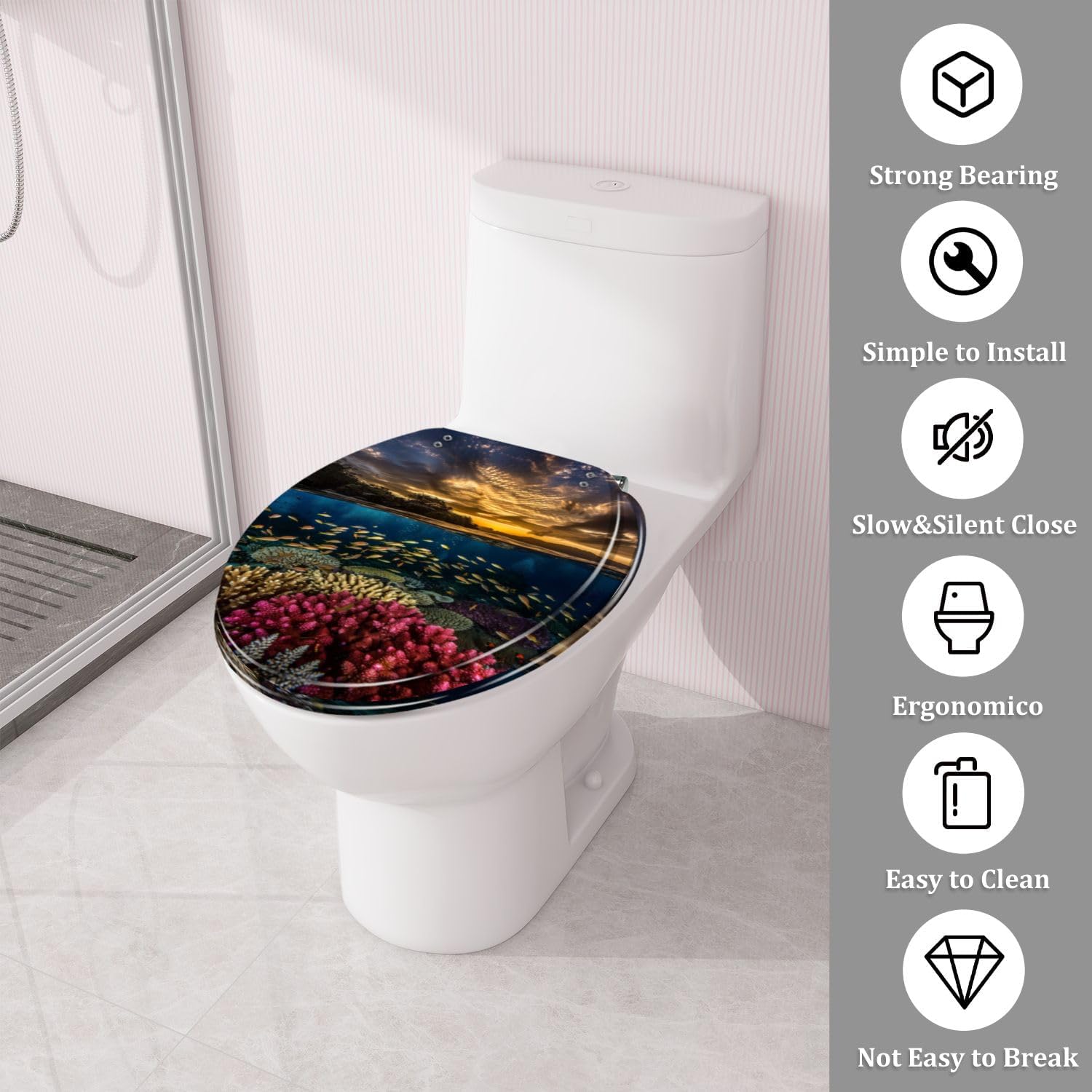 TRANQDEHOM Round Resin Toilet Seat with Golden Sunset Design
