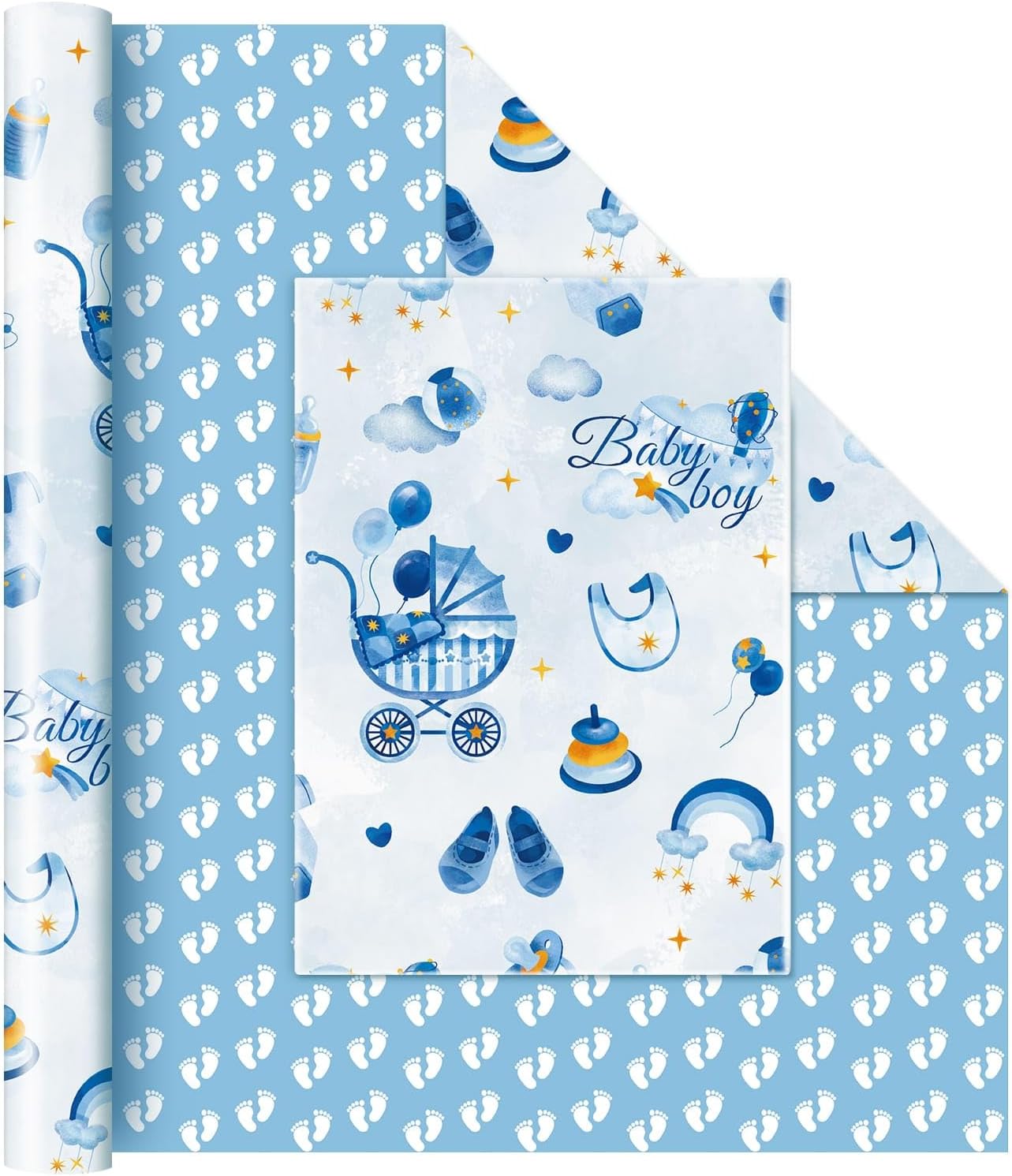WERNNSAI Baby Boy Wrapping Paper Roll - 17x33ft Blue Elephant Design 1