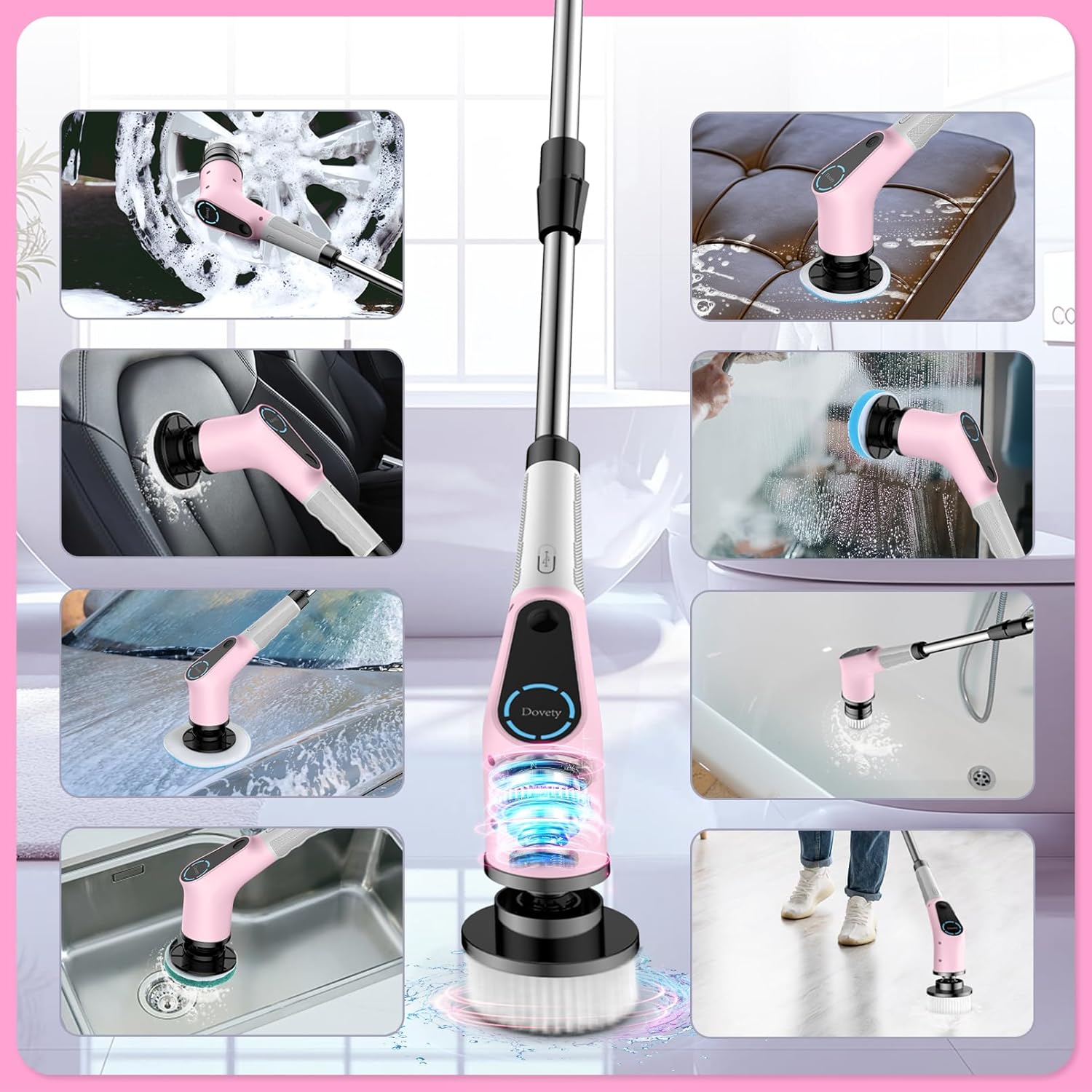 Dovety Electric Spin Scrubber with 8 Brush Heads and Extension Handle