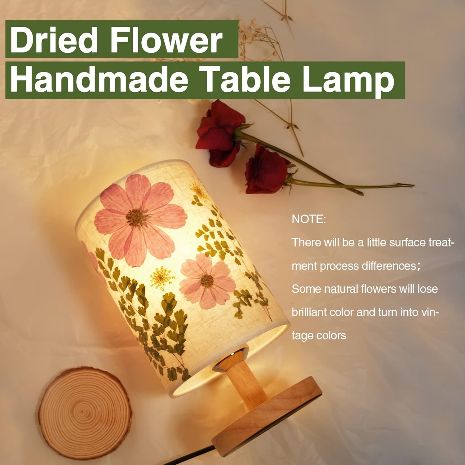 Dried Flowers Table Lamp with Wood Base and Linen Shade