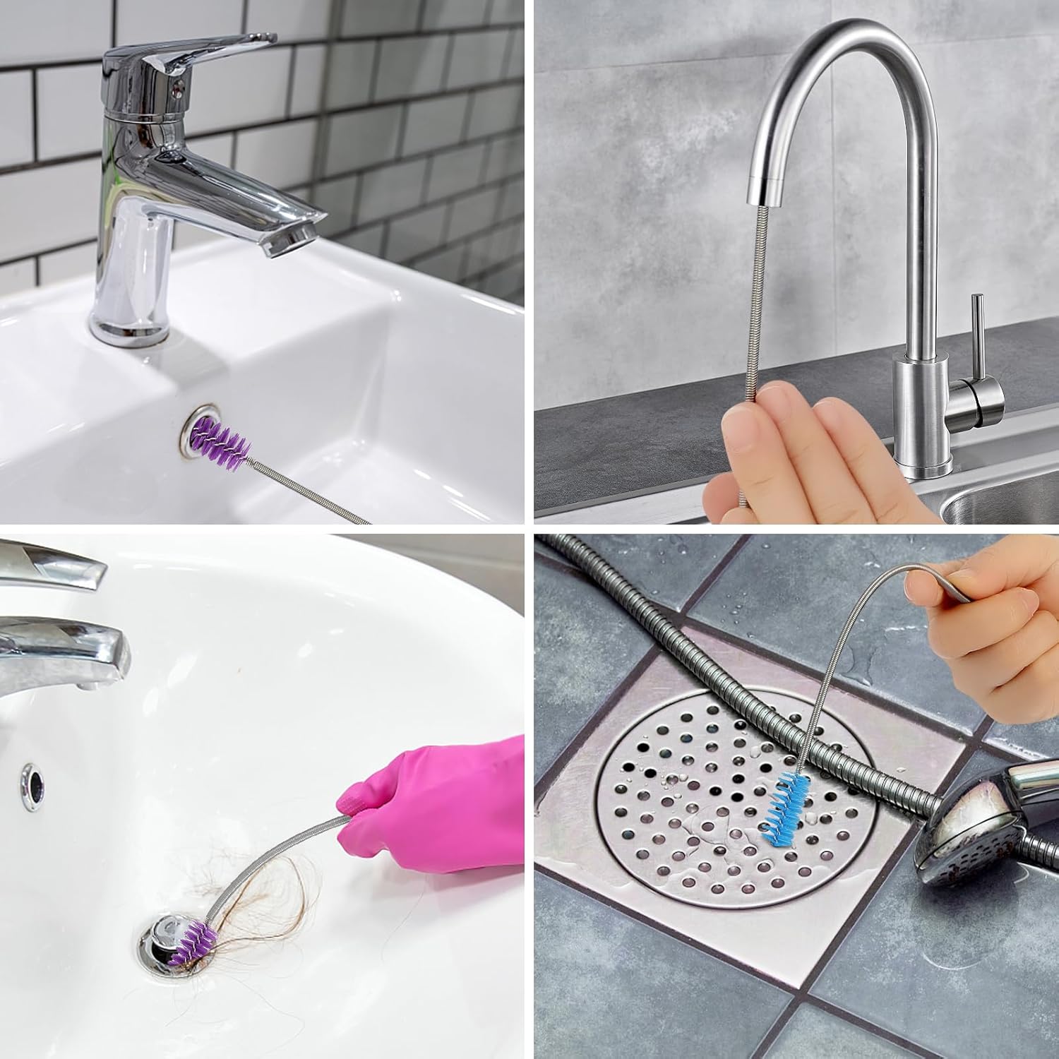 2 Pcs Flexible Long Drain Brush with Stainless Steel Handle