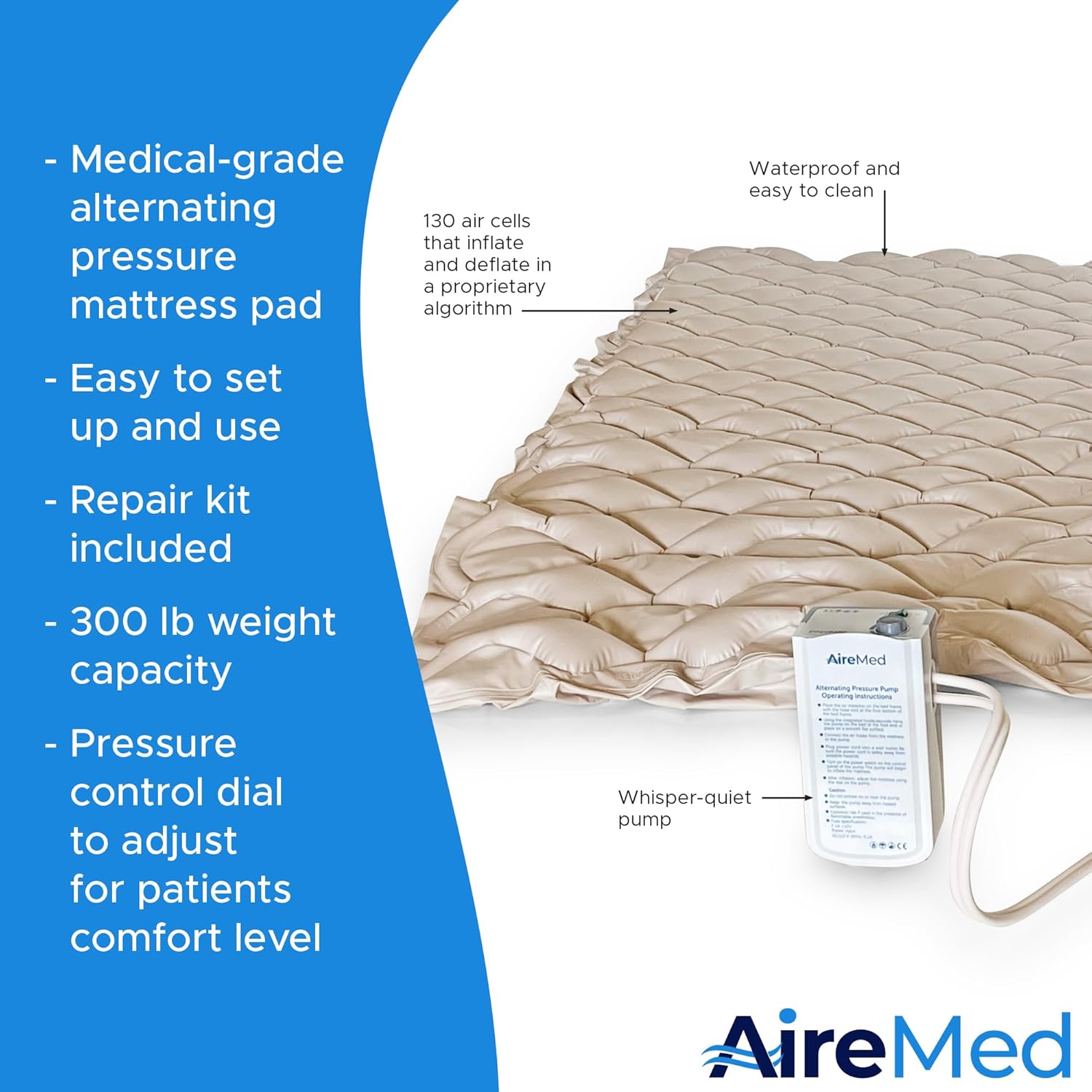 AireMed Alternating Pressure Pump Pad - Quiet Electric - Hospital Twin Size