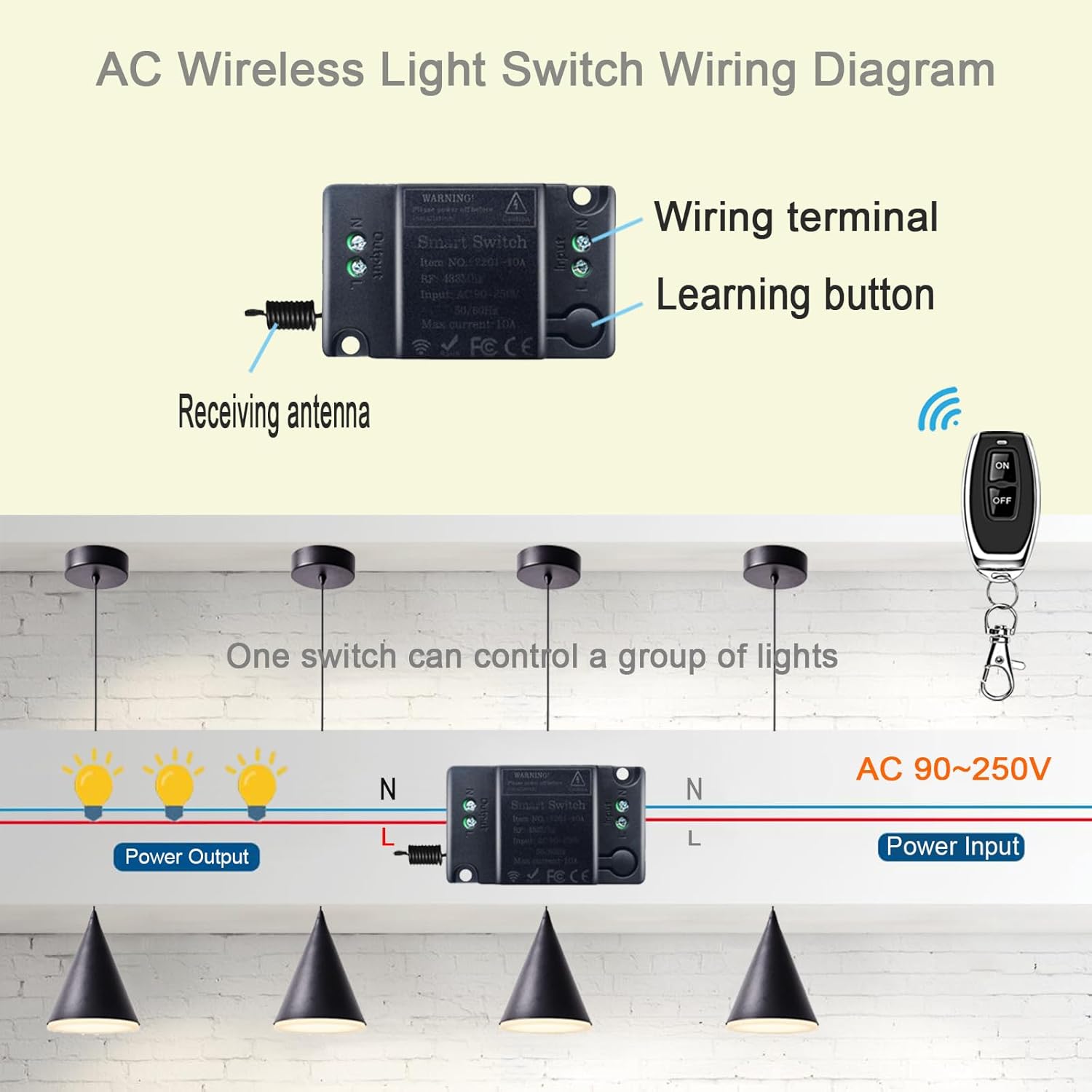 Wireless Remote Light Switch 1 Channel 10A 110V