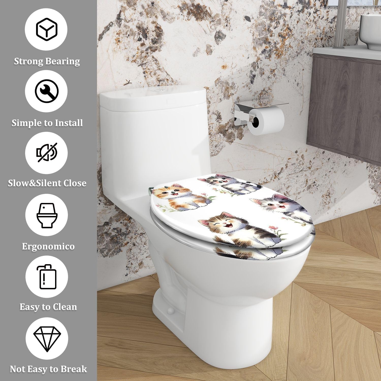 Elongated Toilet Seat with Cute Cat Watercolor Design