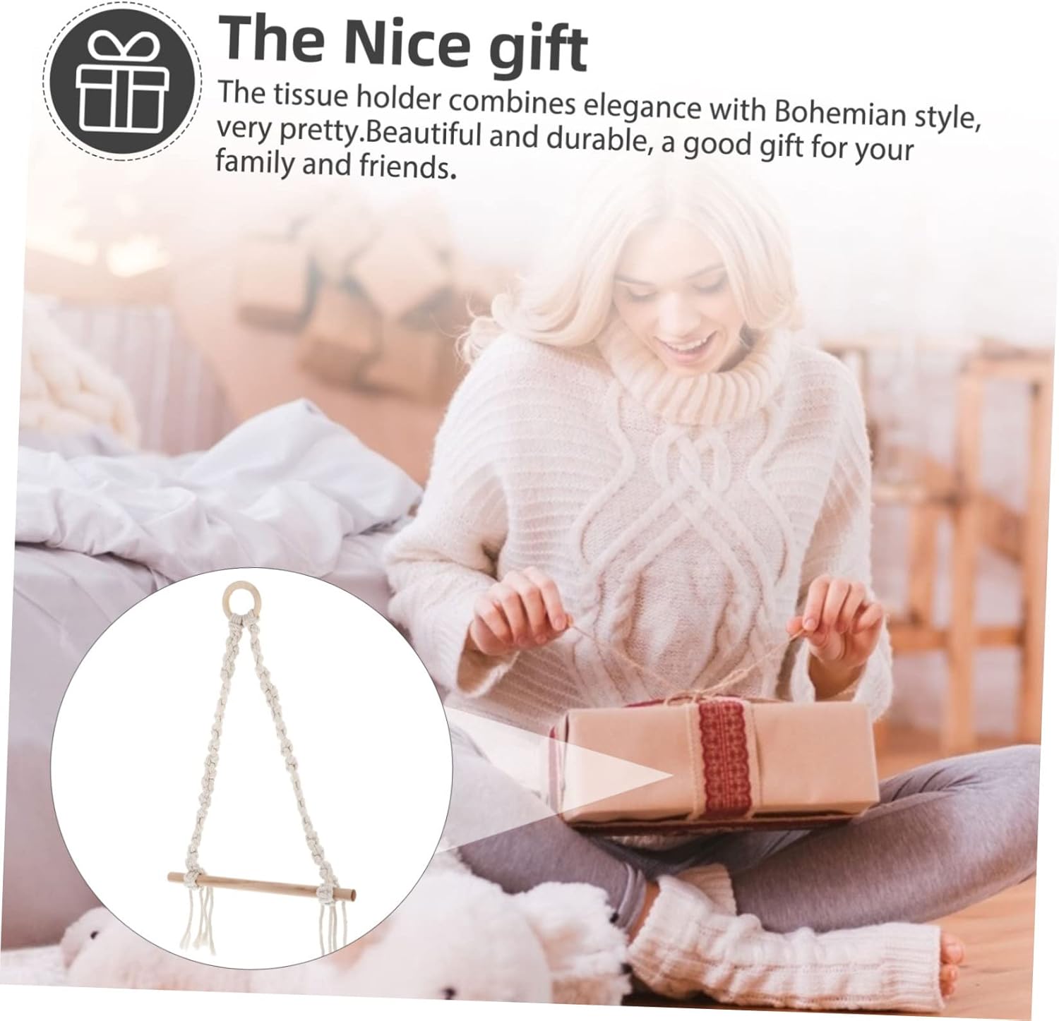DOITOOL Wooden Toilet Paper Holder with Rope Design