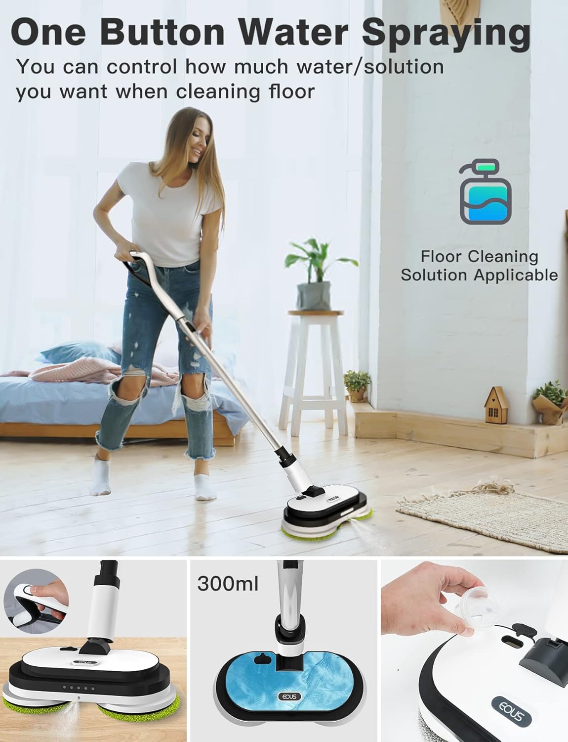 EOUS Cordless Electric Mop with LED Light and 300ML Tank