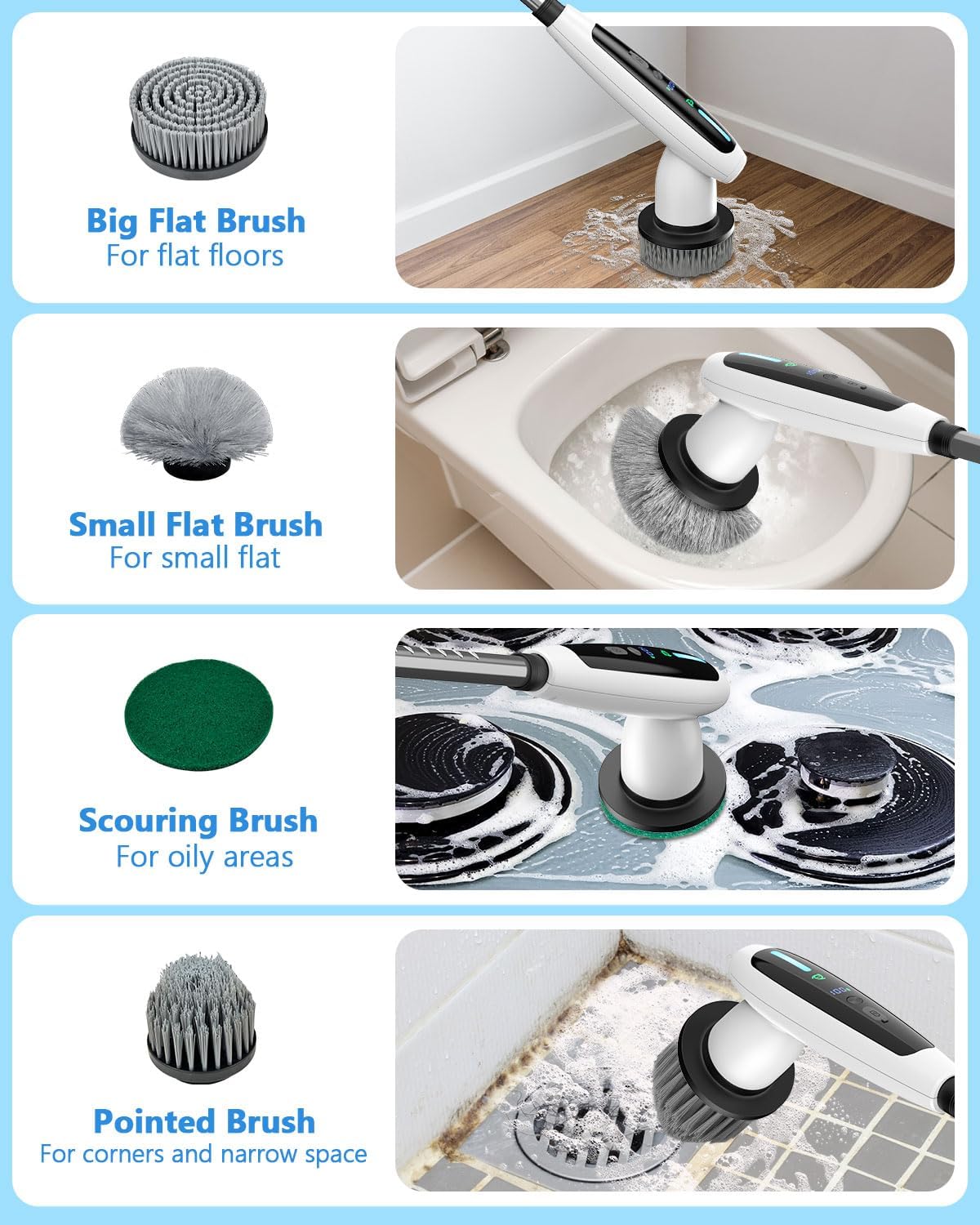 VTT Electric Bathroom Scrubber with 8 Brush Heads and Detachable Handle