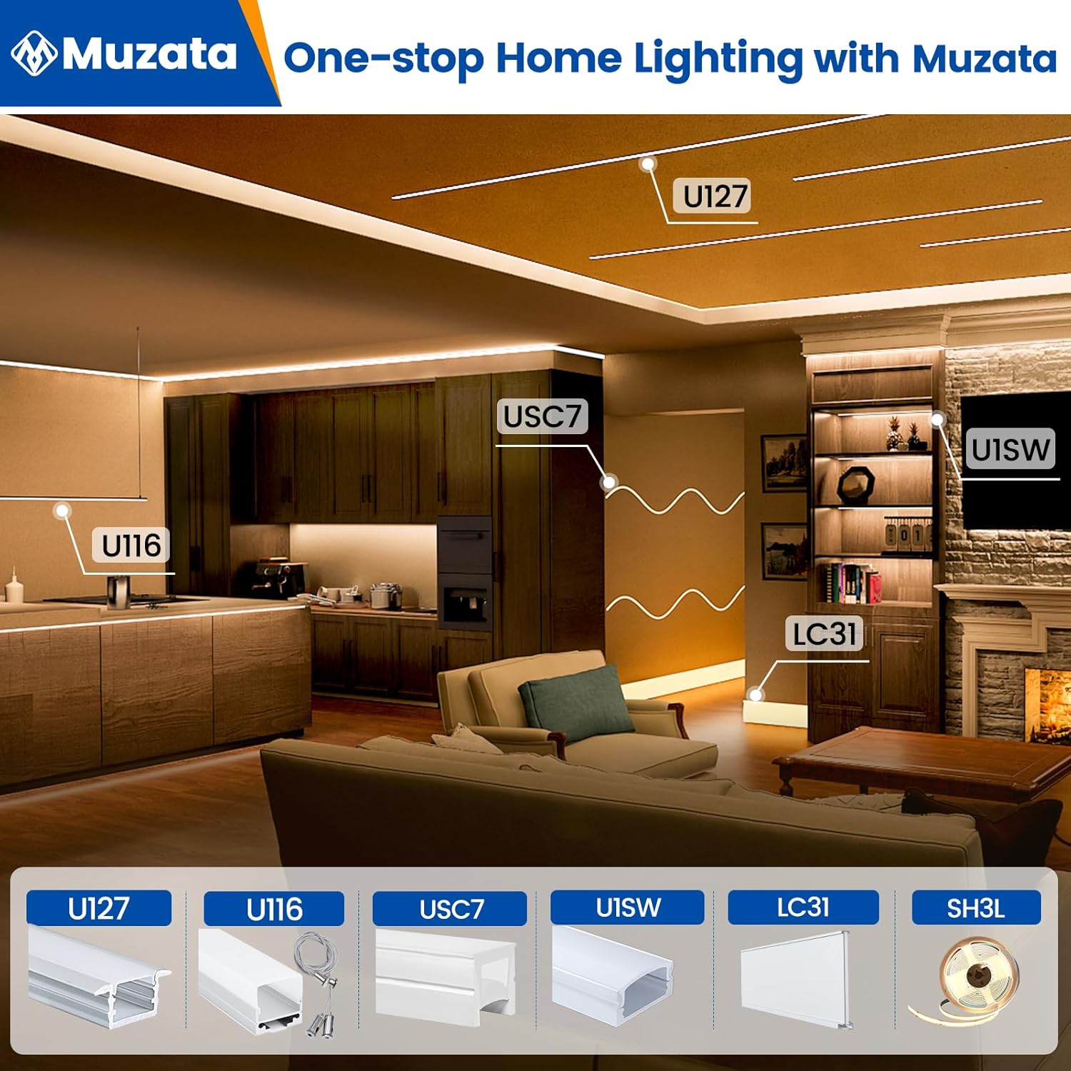 Muzata 6Pack LED Channel U Shape Silver Diffuser with Milky White Cover
