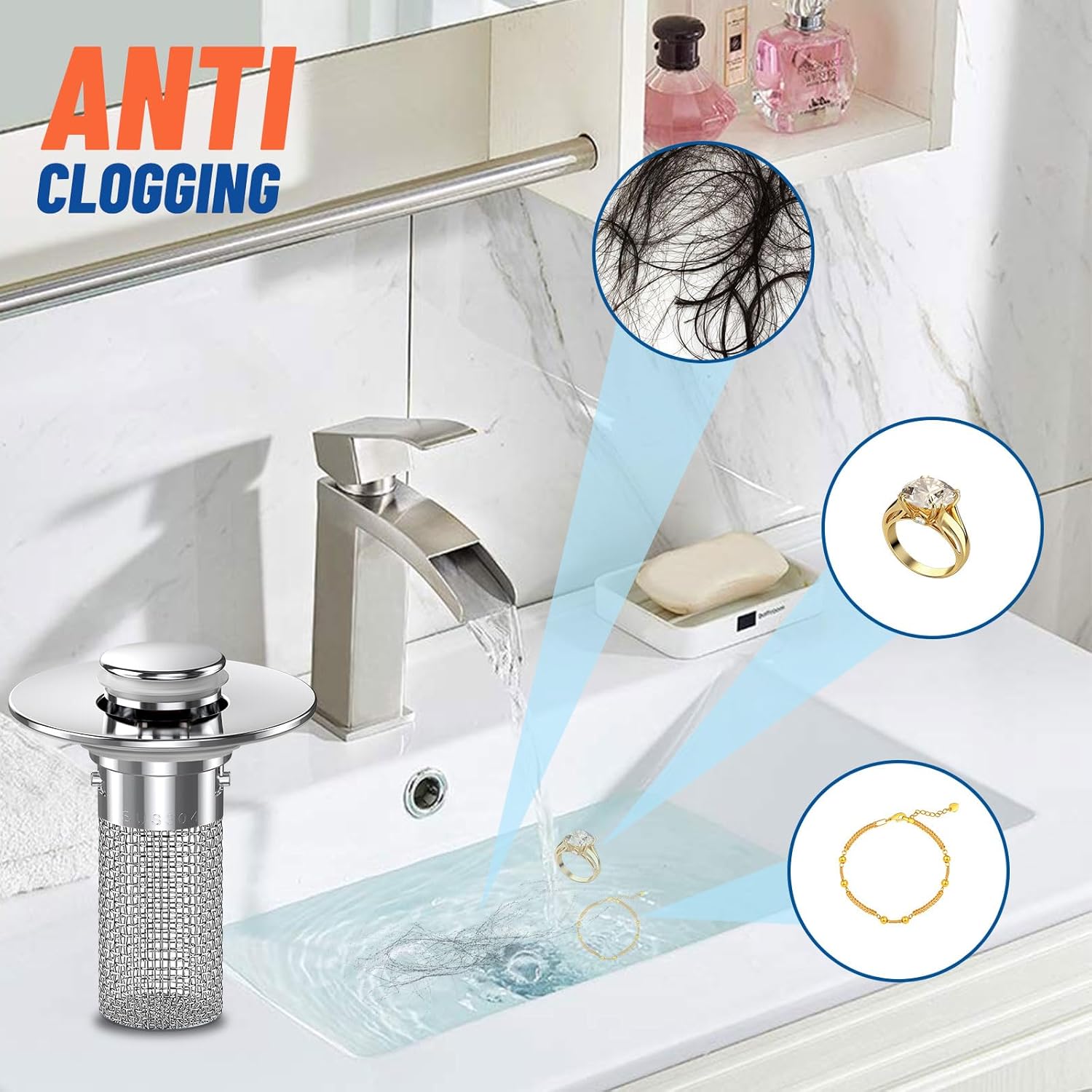 2PC Bathroom Sink Stopper Hair Catcher with Pop Up Mechanism