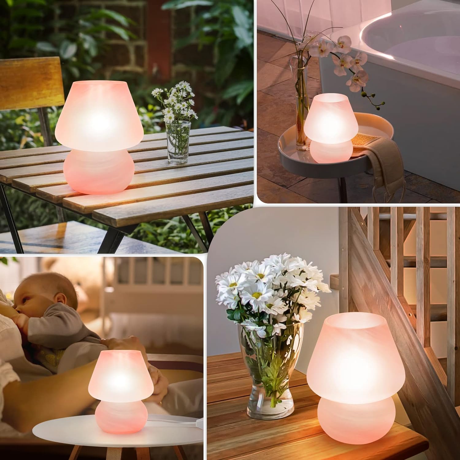 ONEWISH Mushroom Lamp Pink Table Lamp for Bedroom Nightstand