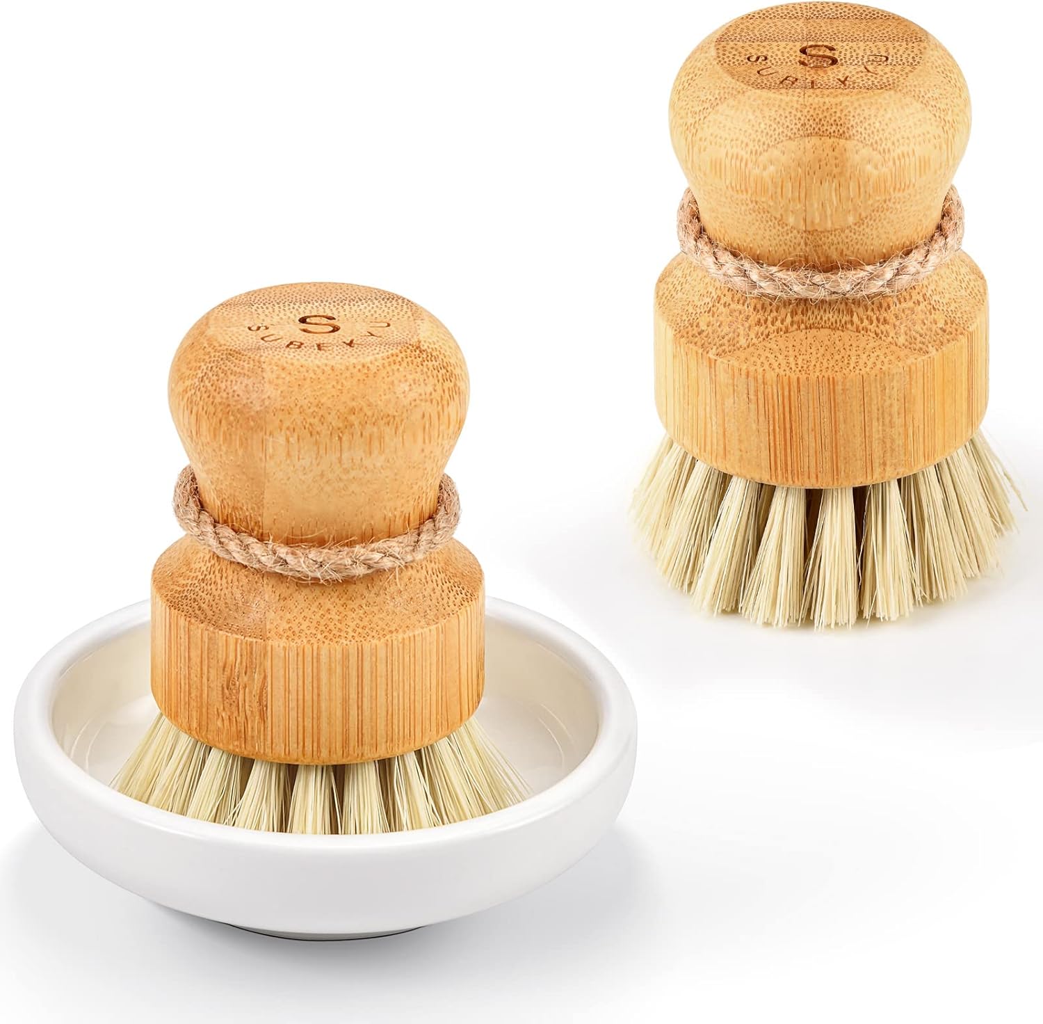 SUBEKYU Bamboo Dish Scrub Set of 2 with Sisal Bristles