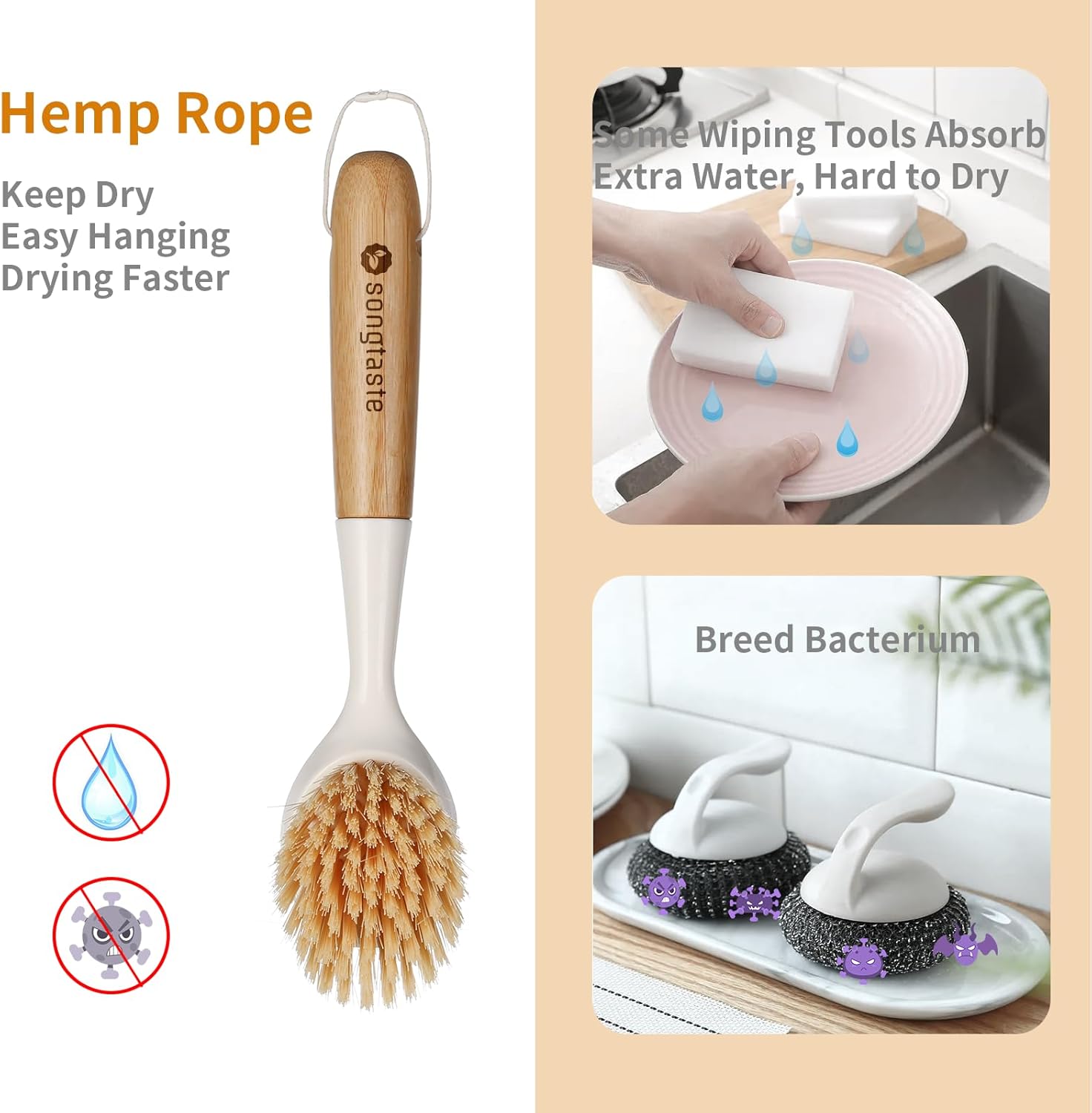 2 Pack Bamboo Handle Dish Brush with Scraper