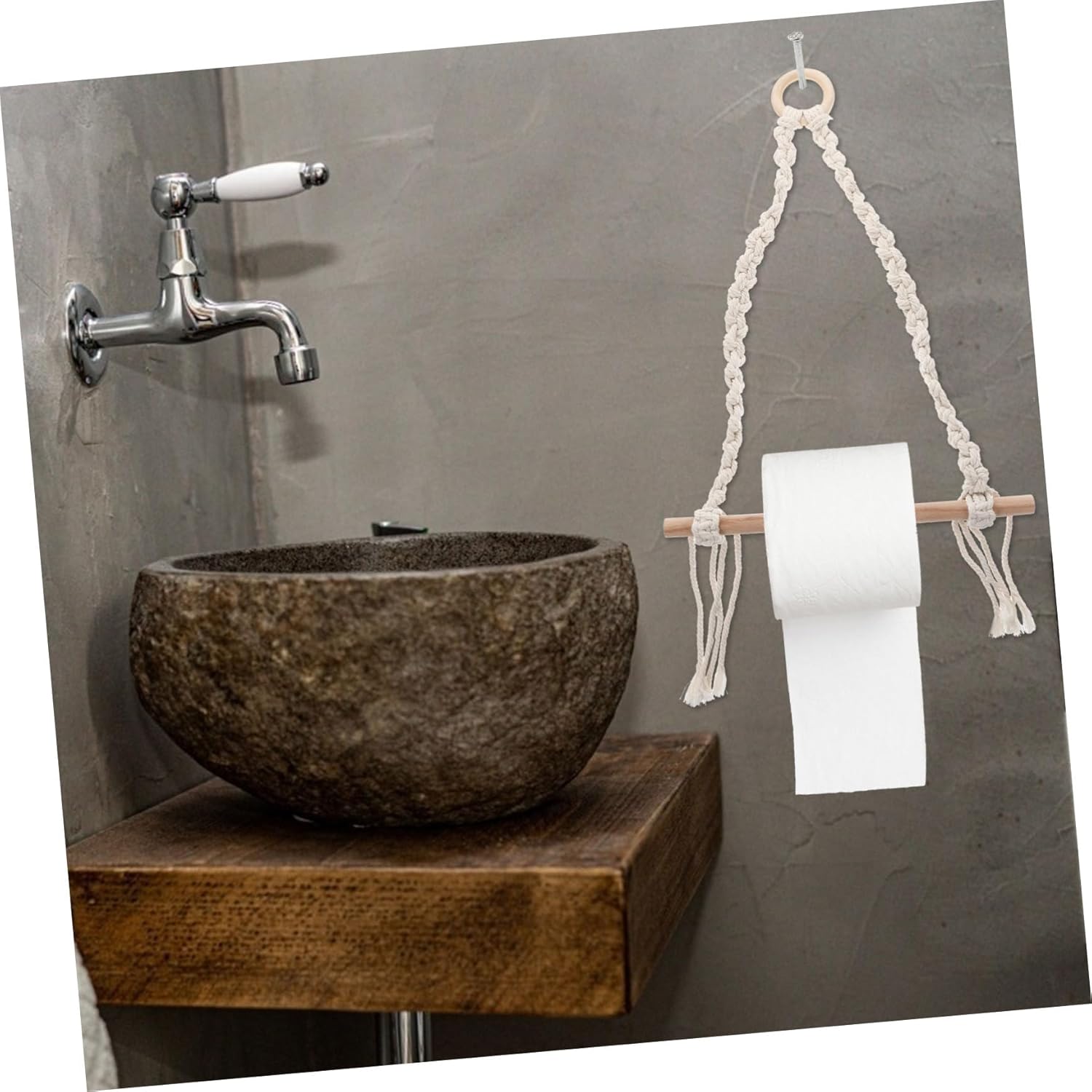 DOITOOL Wooden Toilet Paper Holder with Rope Design