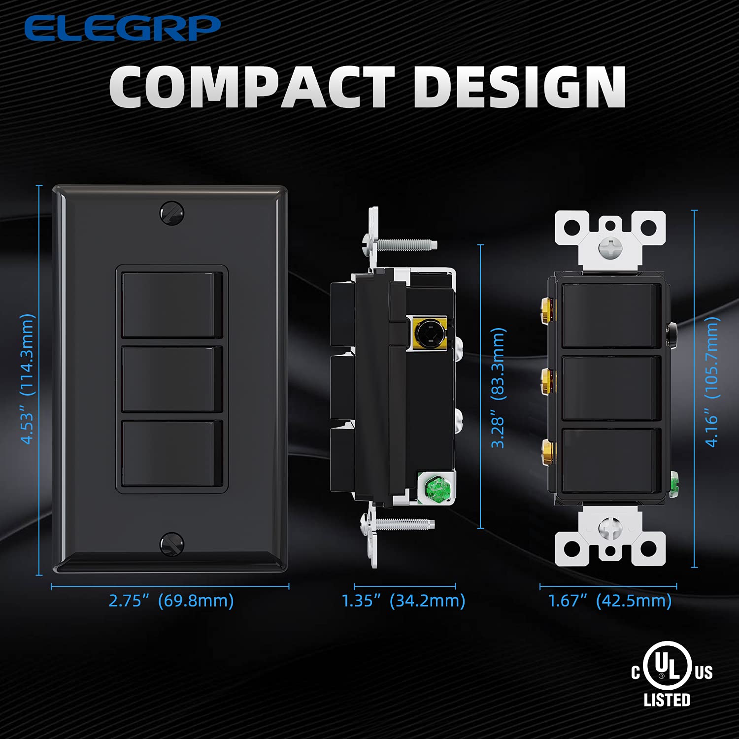 ELEGRP Triple Rocker Light Switch 15A 120V Glossy Black