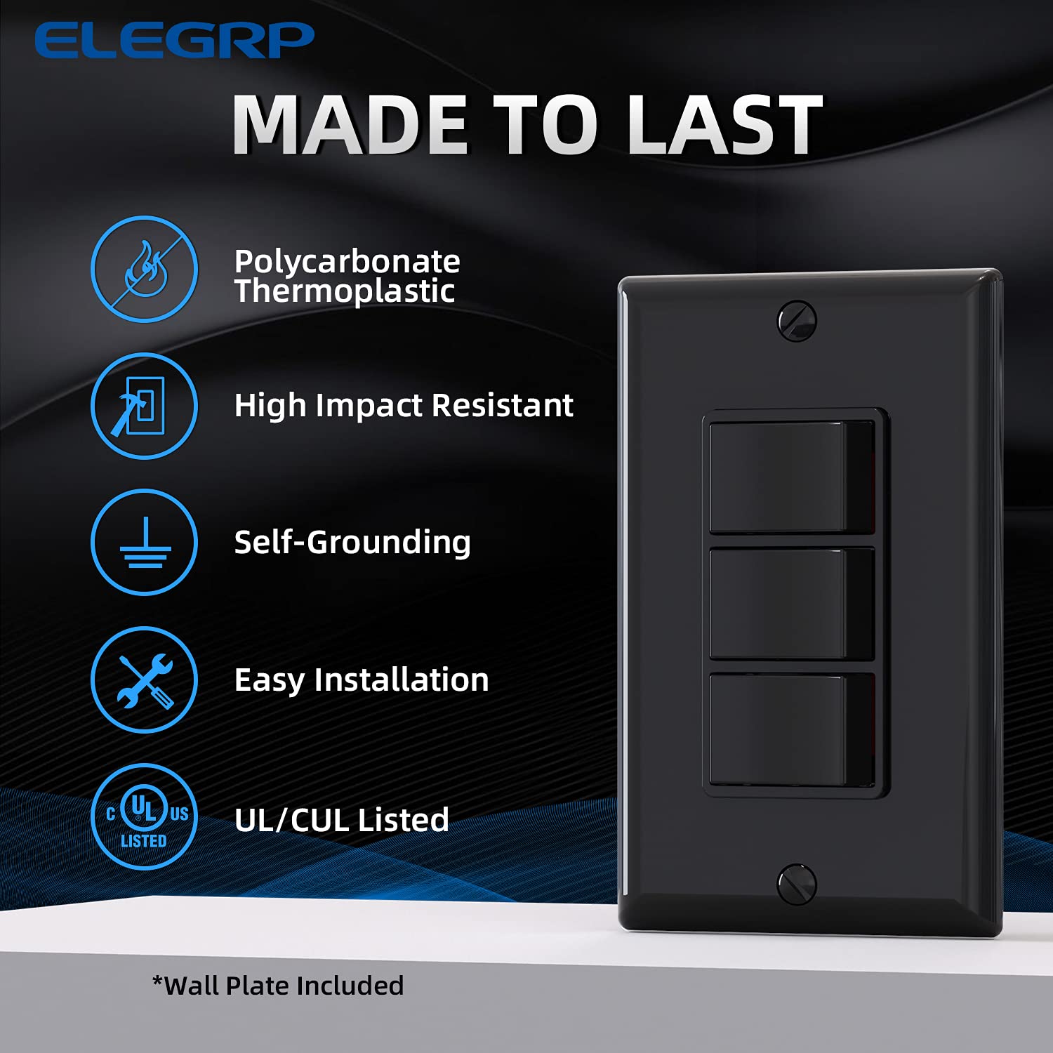 ELEGRP Triple Rocker Light Switch 15A 120V Glossy Black