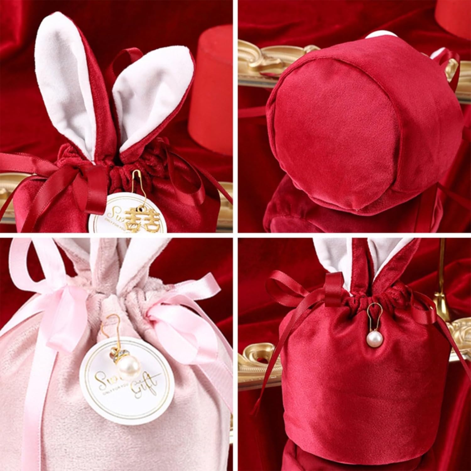 Easter Bunny Gift Velvet Bags with Drawstrings