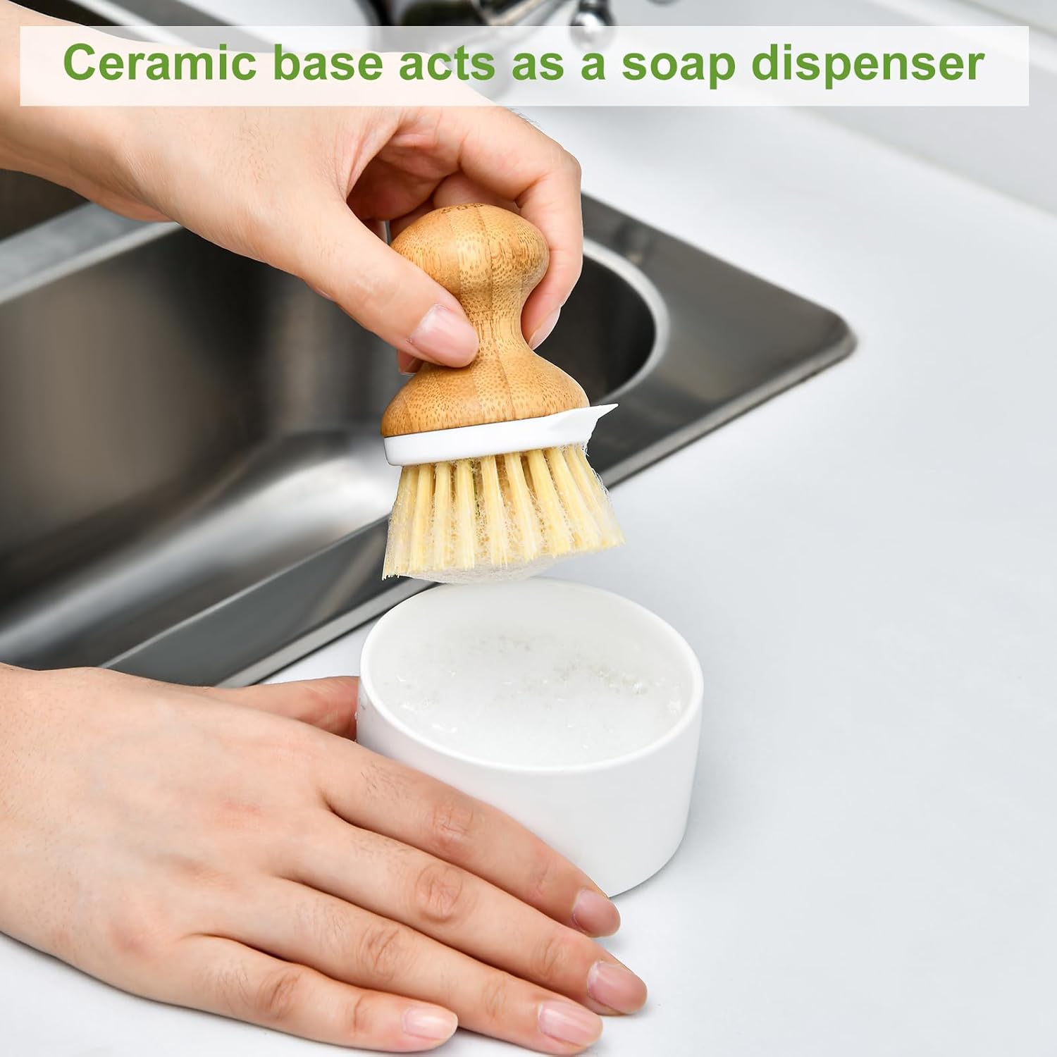 SUBEKYU Bamboo Dish Brush with Soap Dispenser and Built-in Scraper
