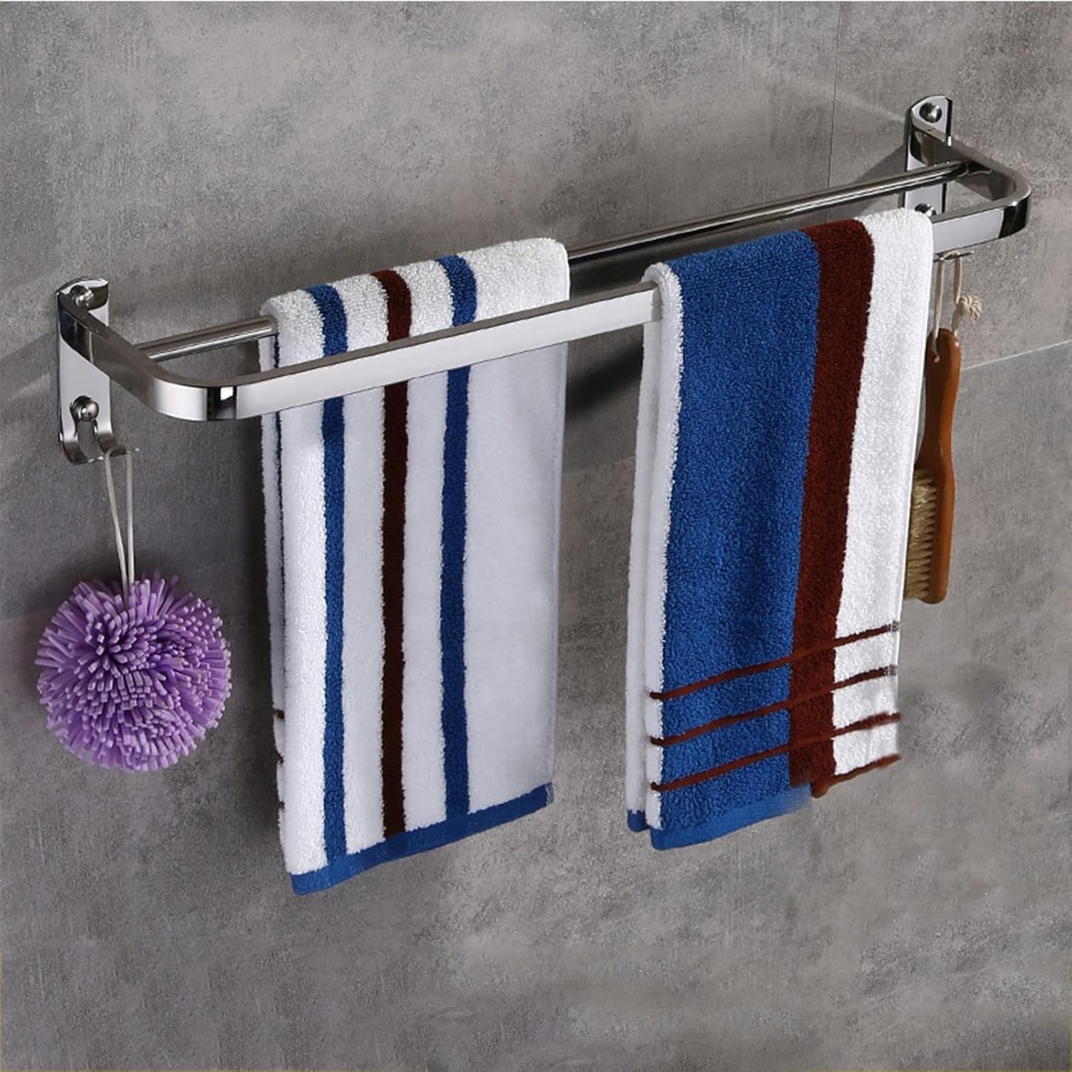Stainless Steel Double Towel Rail with Hooks for Bathroom and Kitchen