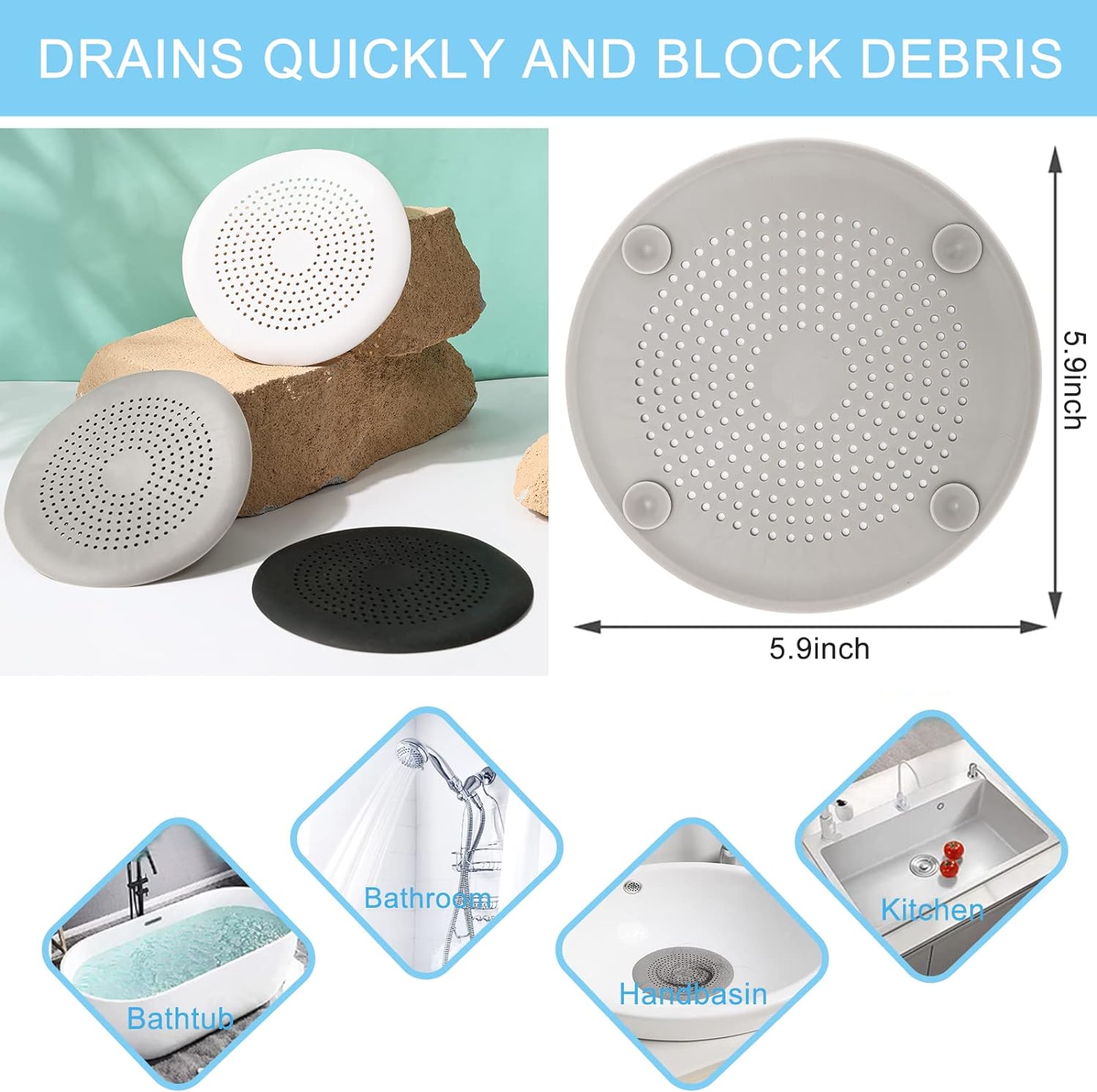 2 Pack Drain Hair Catcher with Suction Cups for Shower and Sink