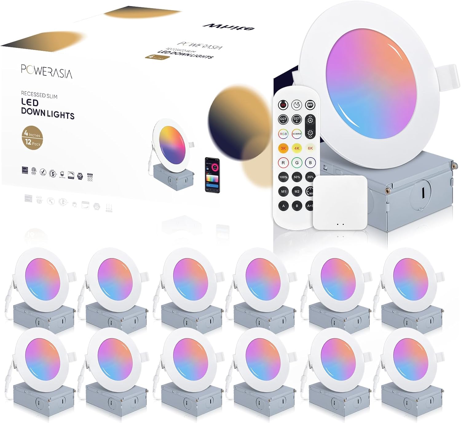12 Pack Smart LED Recessed Lighting 4 Inch with APP Control