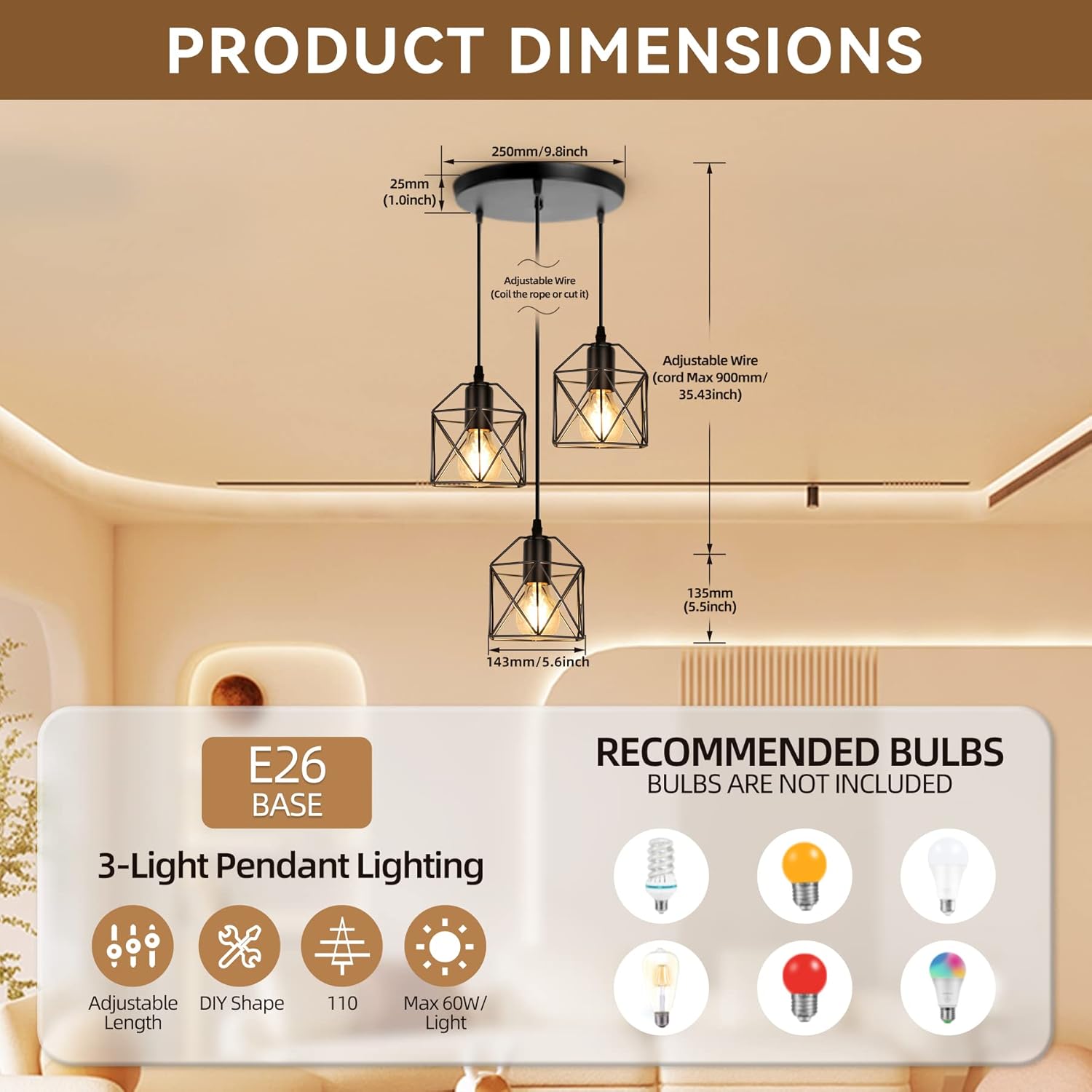 CANMEIJIA 3-Light Pendant Light Fixtures Black Metal Cage Industrial Style