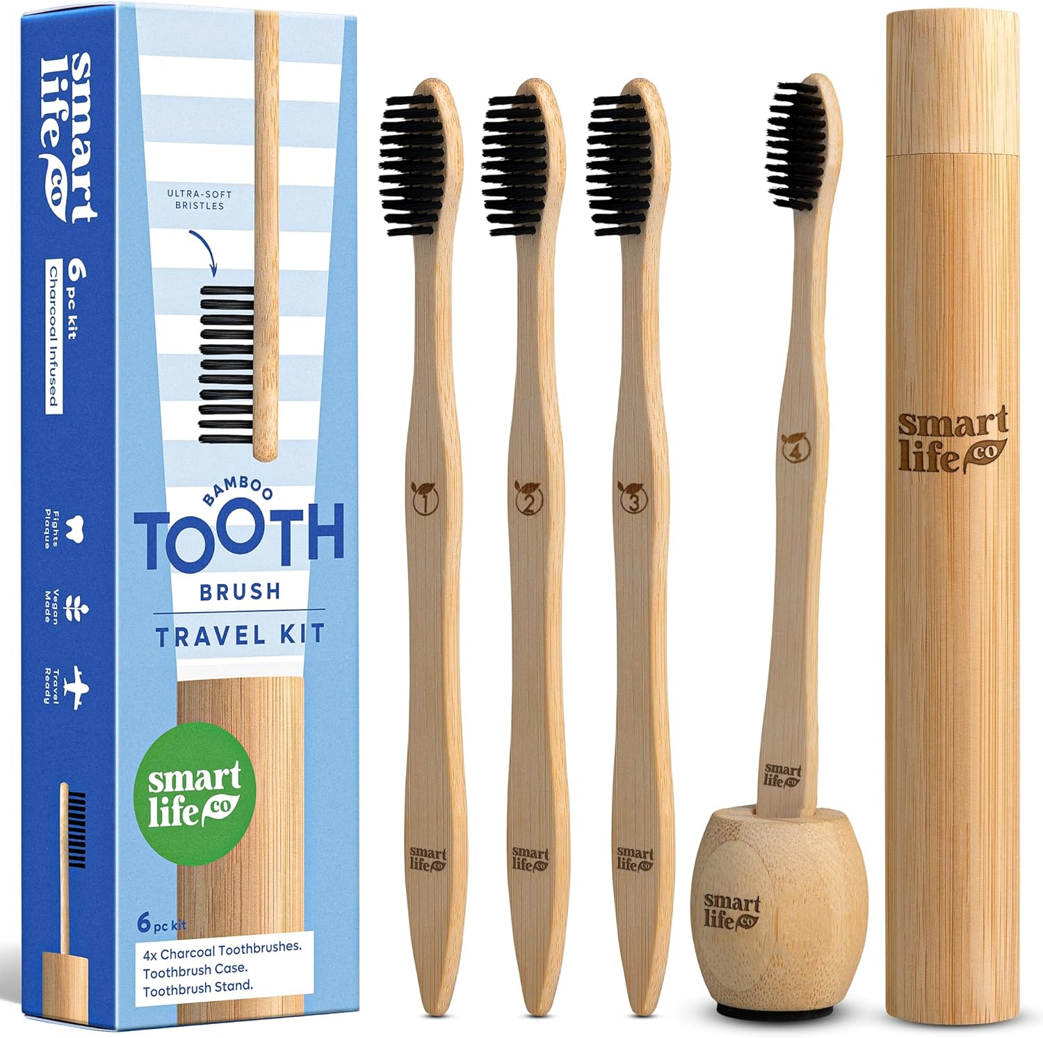 SmartLifeco Bamboo Charcoal Toothbrushes 4-Pack with Case Stand