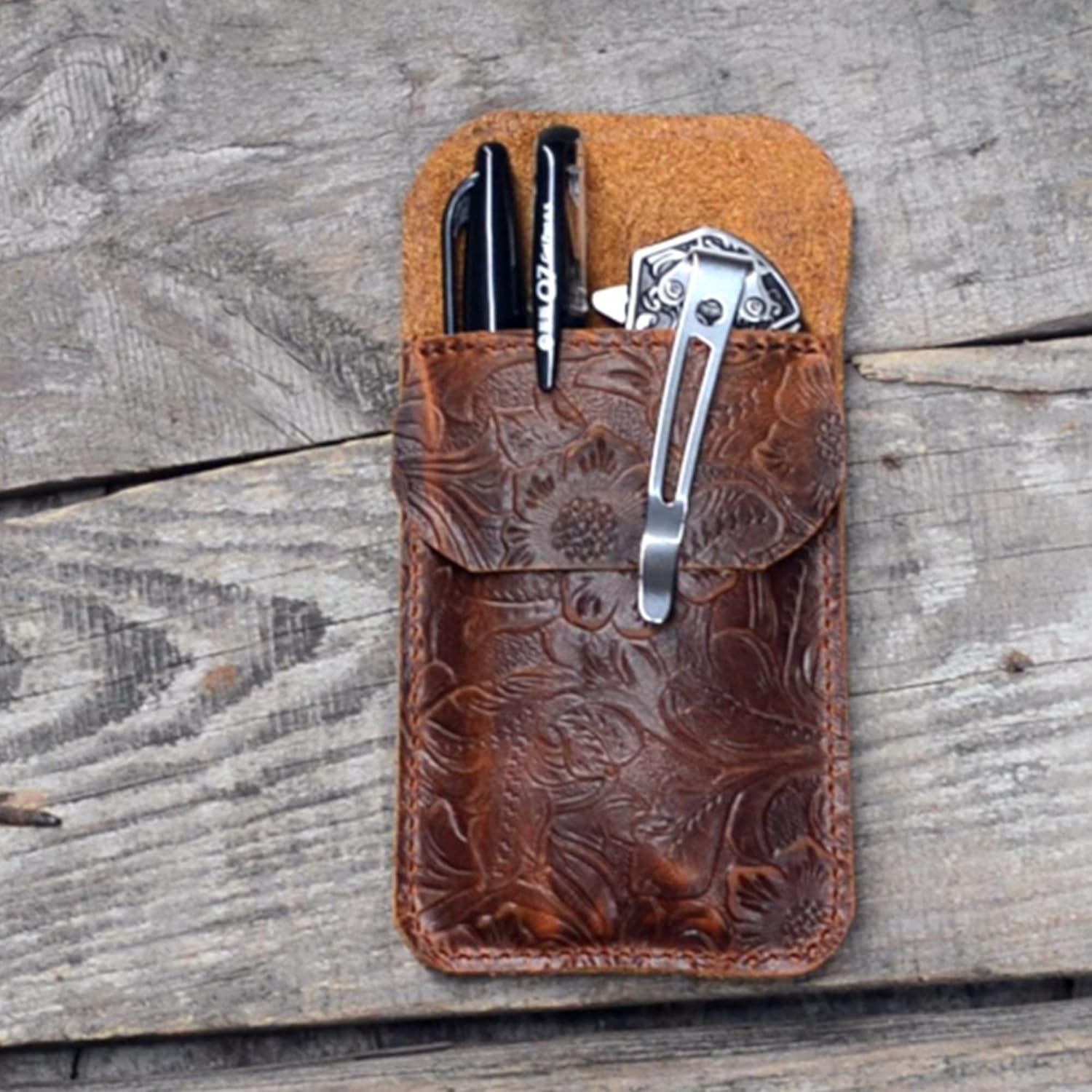 JJNUSA Leather EDC Pocket Slip - Knife Sleeve Pen Holder