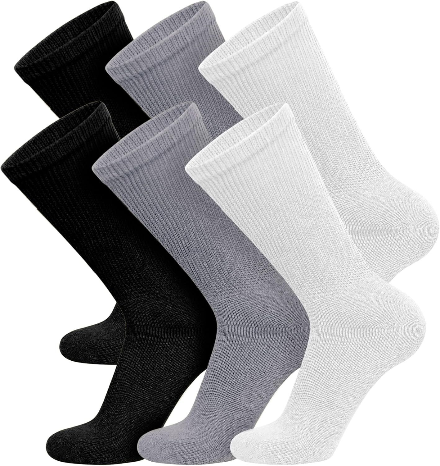 Big and Tall Mens Diabetic Socks - 6 Pairs Black Gray White