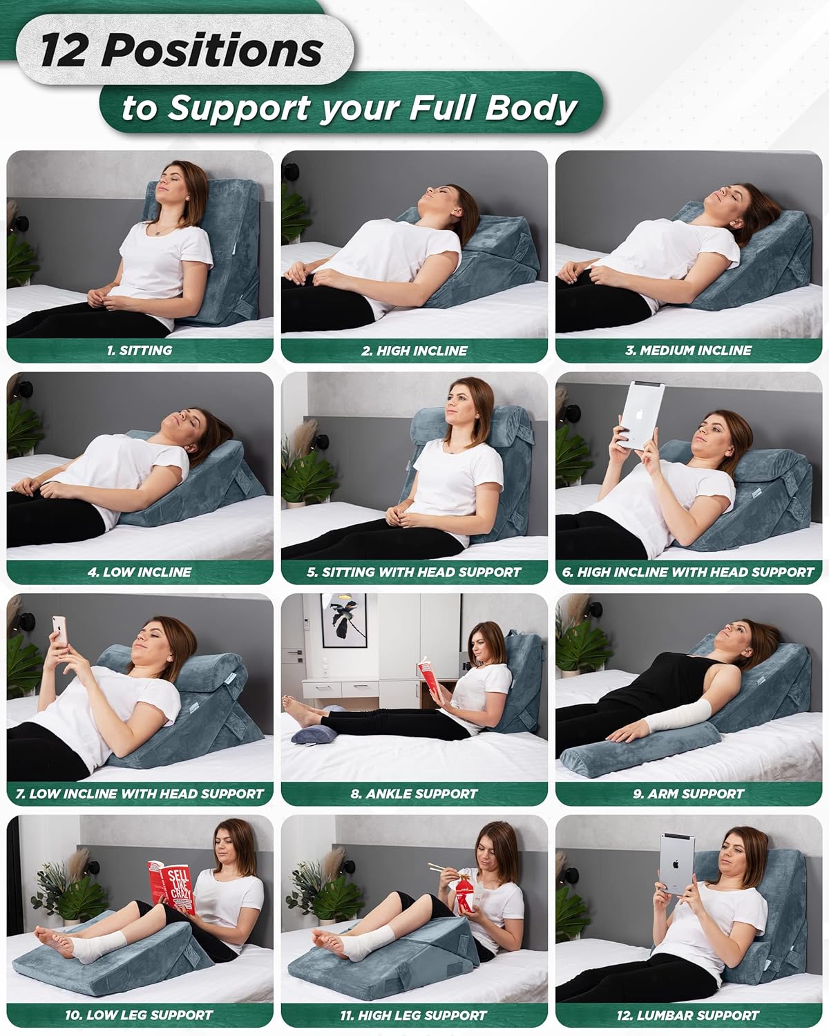 Lunix 3pcs Orthopedic Bed Wedge Pillow Set with Hot Cold Pack
