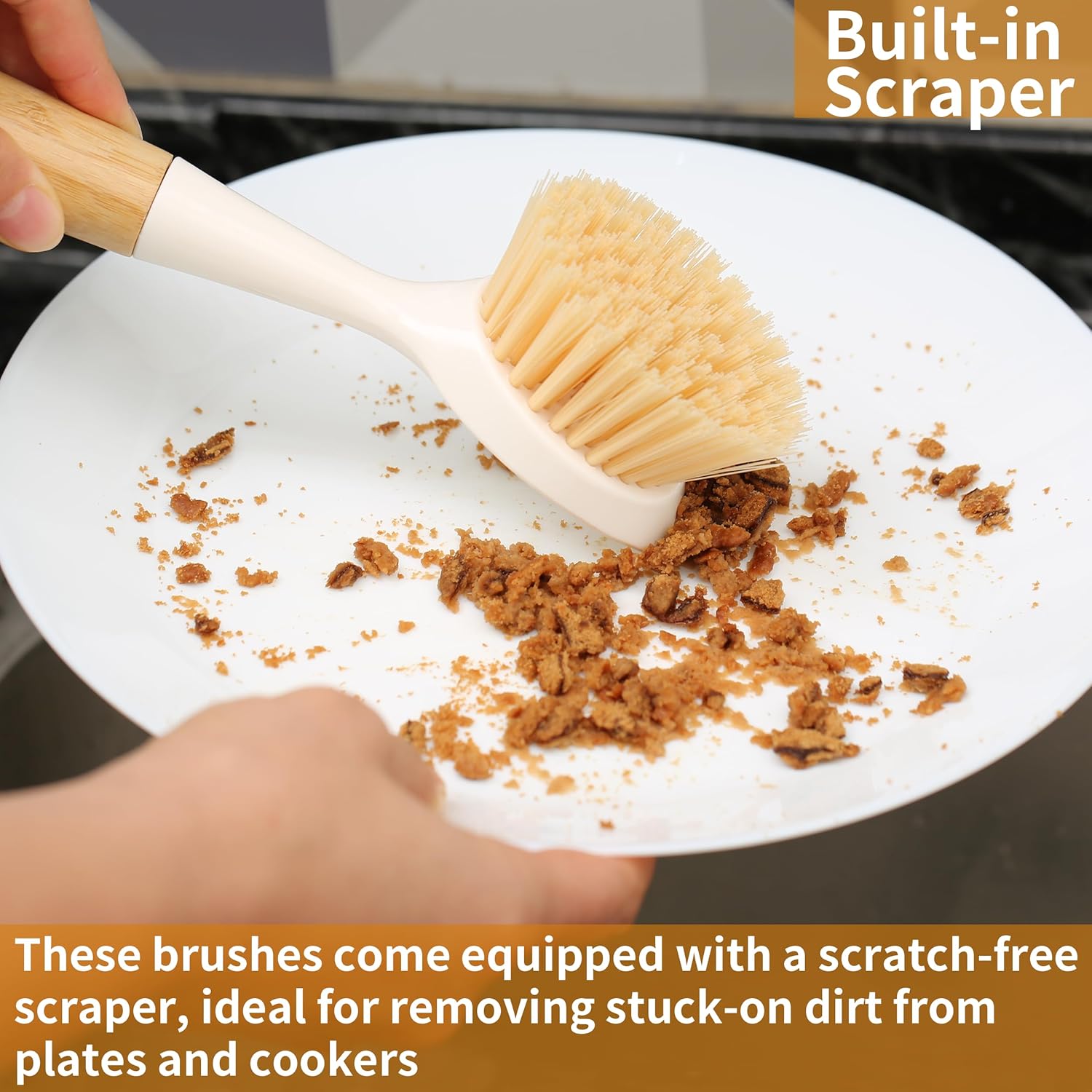 2 Pack Bamboo Handle Dish Brush with Scraper