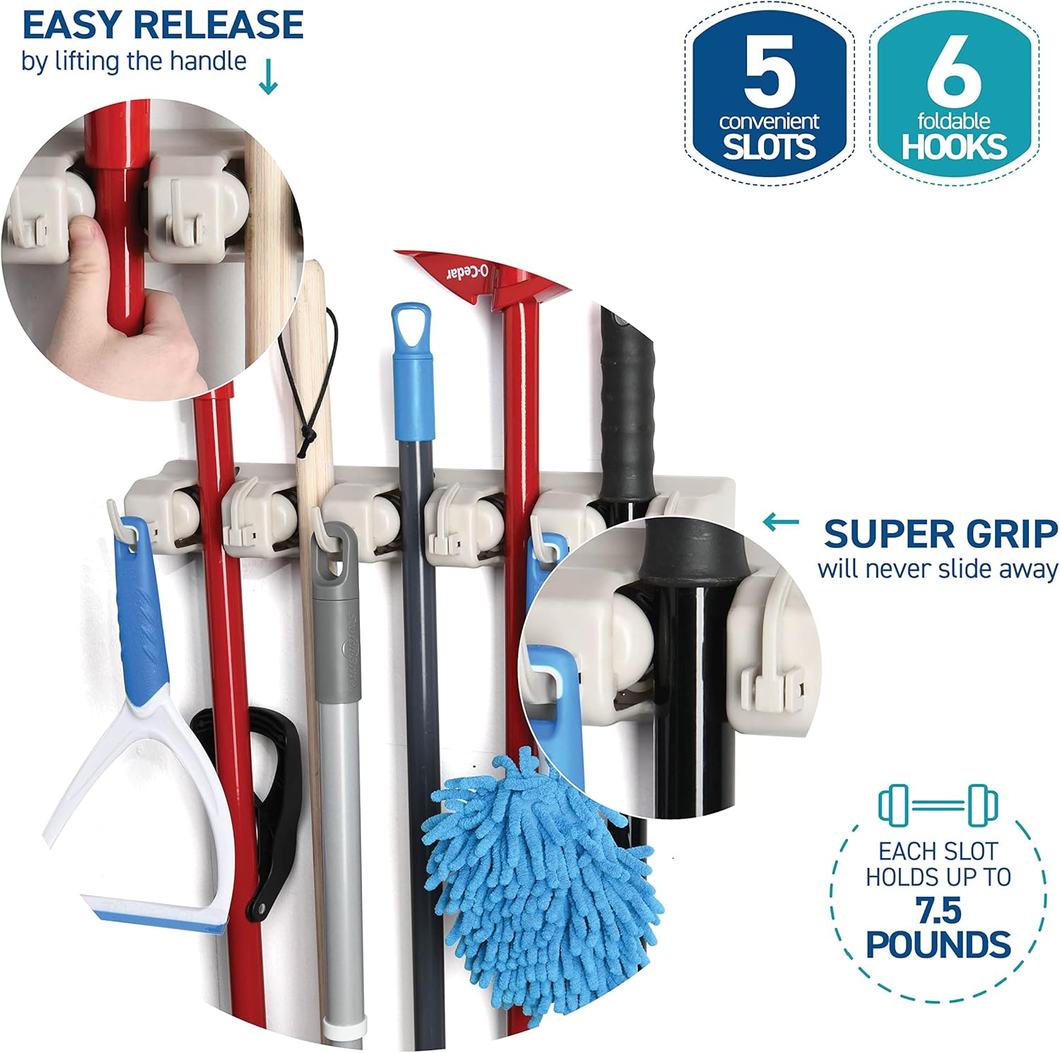 Home-it 5-Position Mop Broom Wall Mount Holder