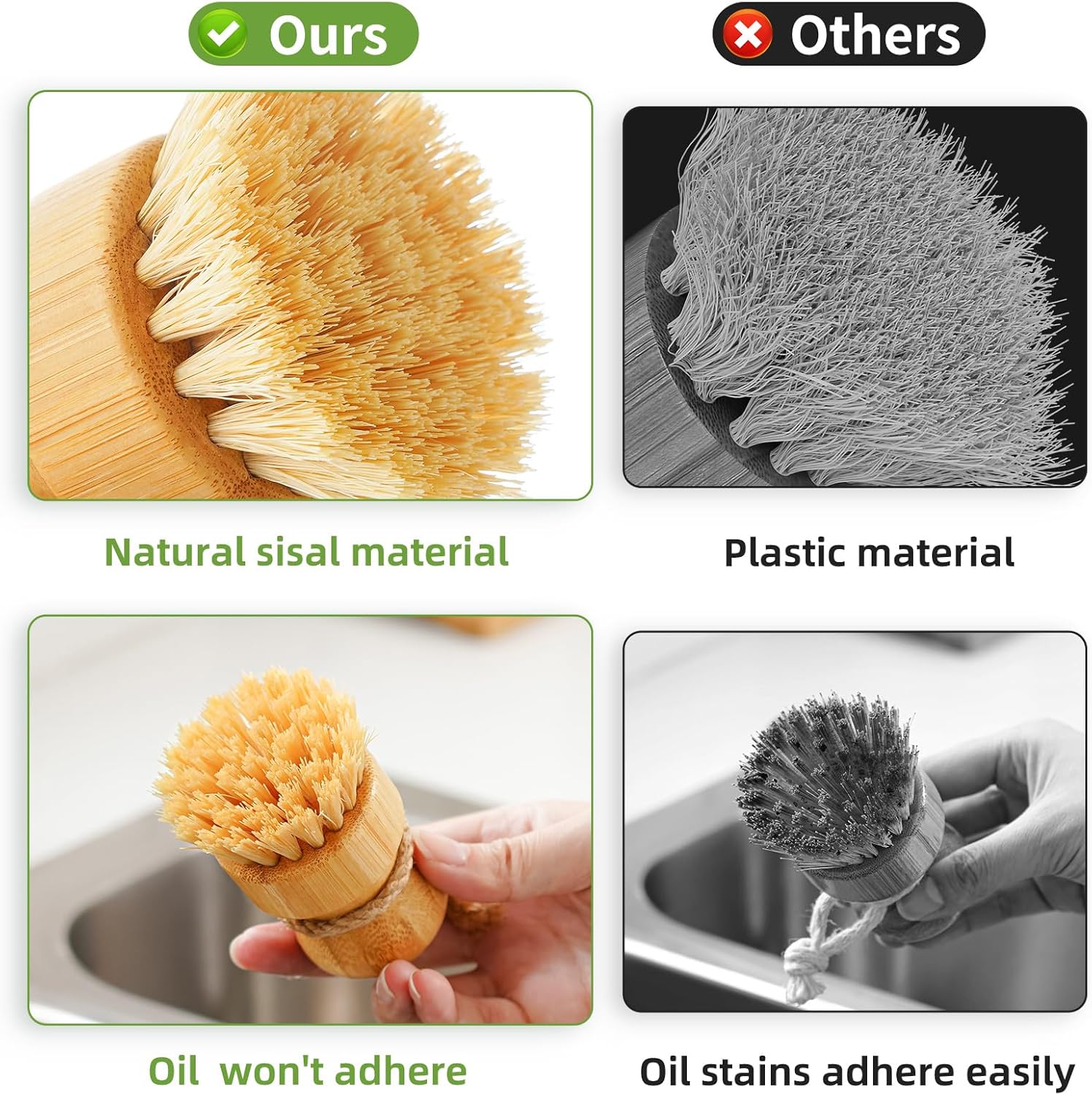 SUBEKYU Bamboo Dish Scrub Set of 2 with Sisal Bristles