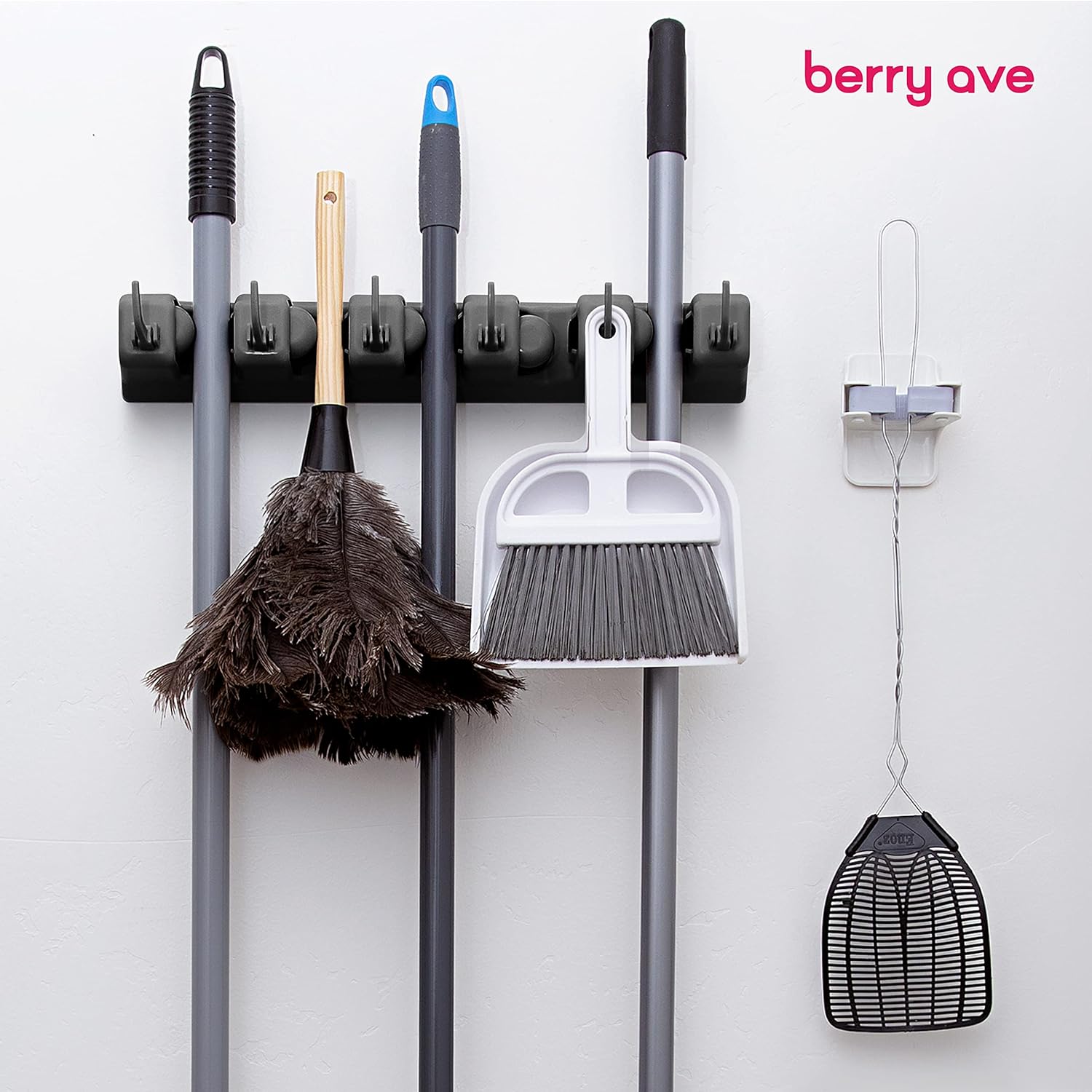 Berry Ave Broom Holder Wall Mount Organizer - 5 Slots 6 Hooks Black