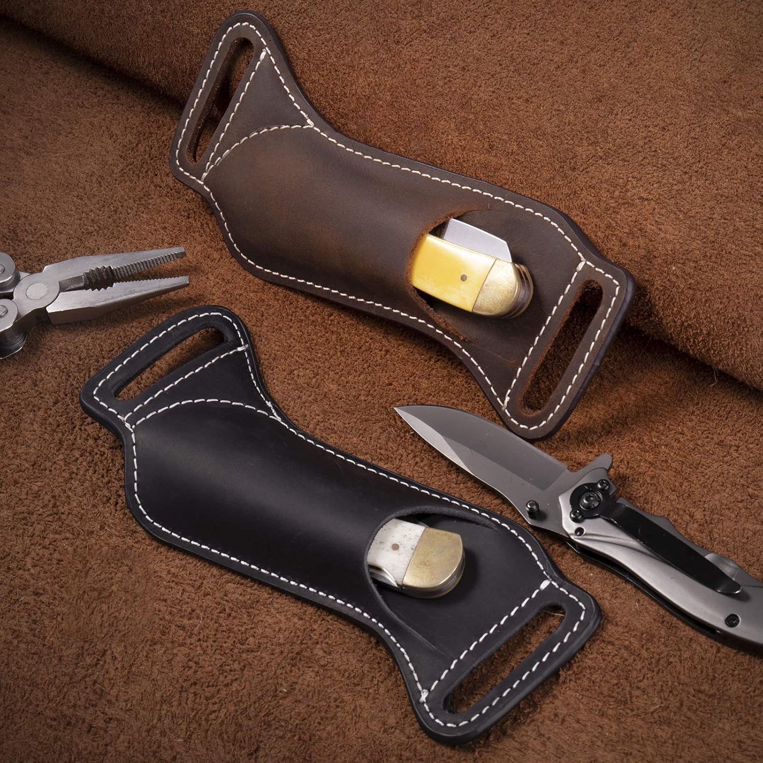 Gentlestache Leather Knife Sheath for Belt EDC Pocket Knife Carrier