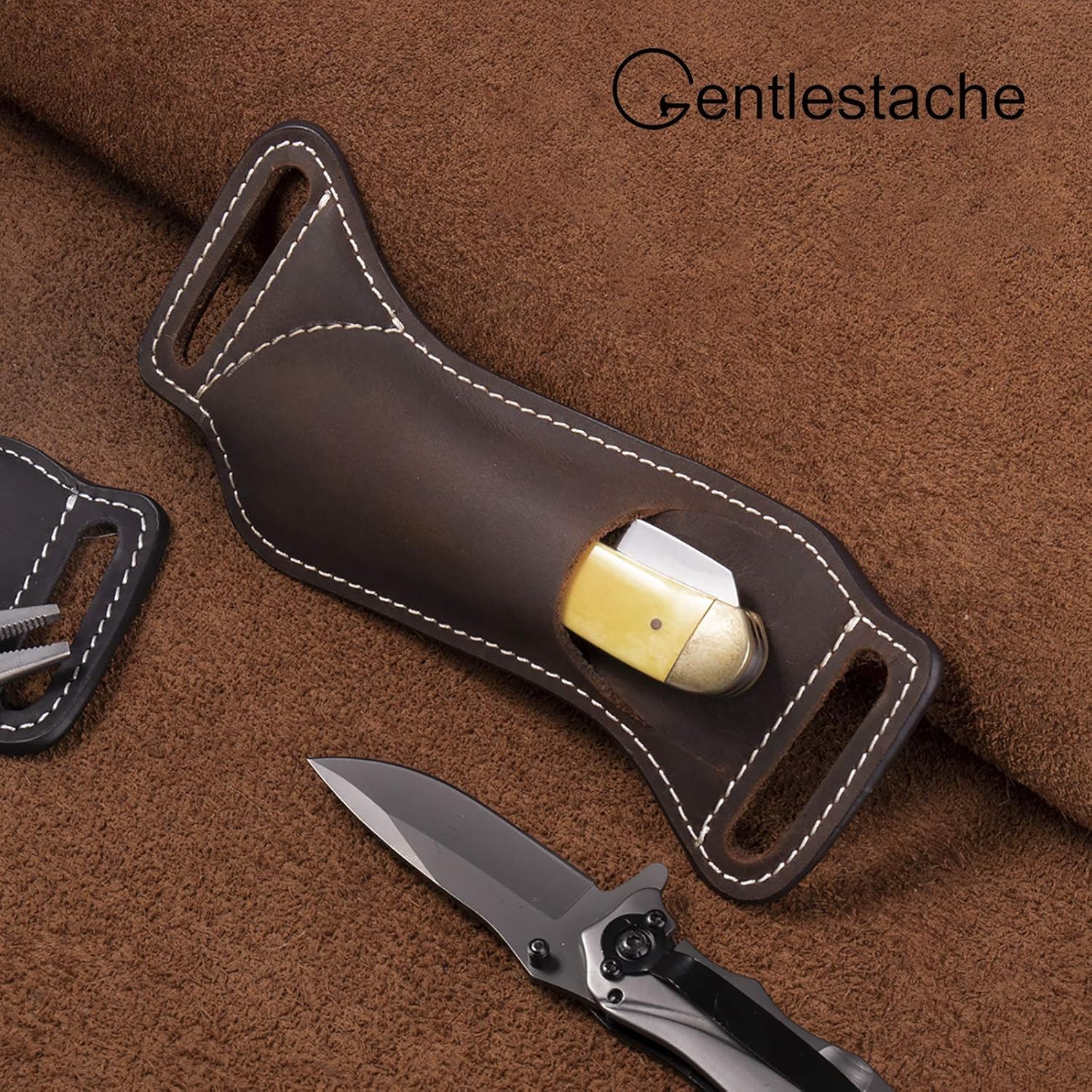 Gentlestache Leather Knife Sheath for Belt EDC Pocket Knife Carrier