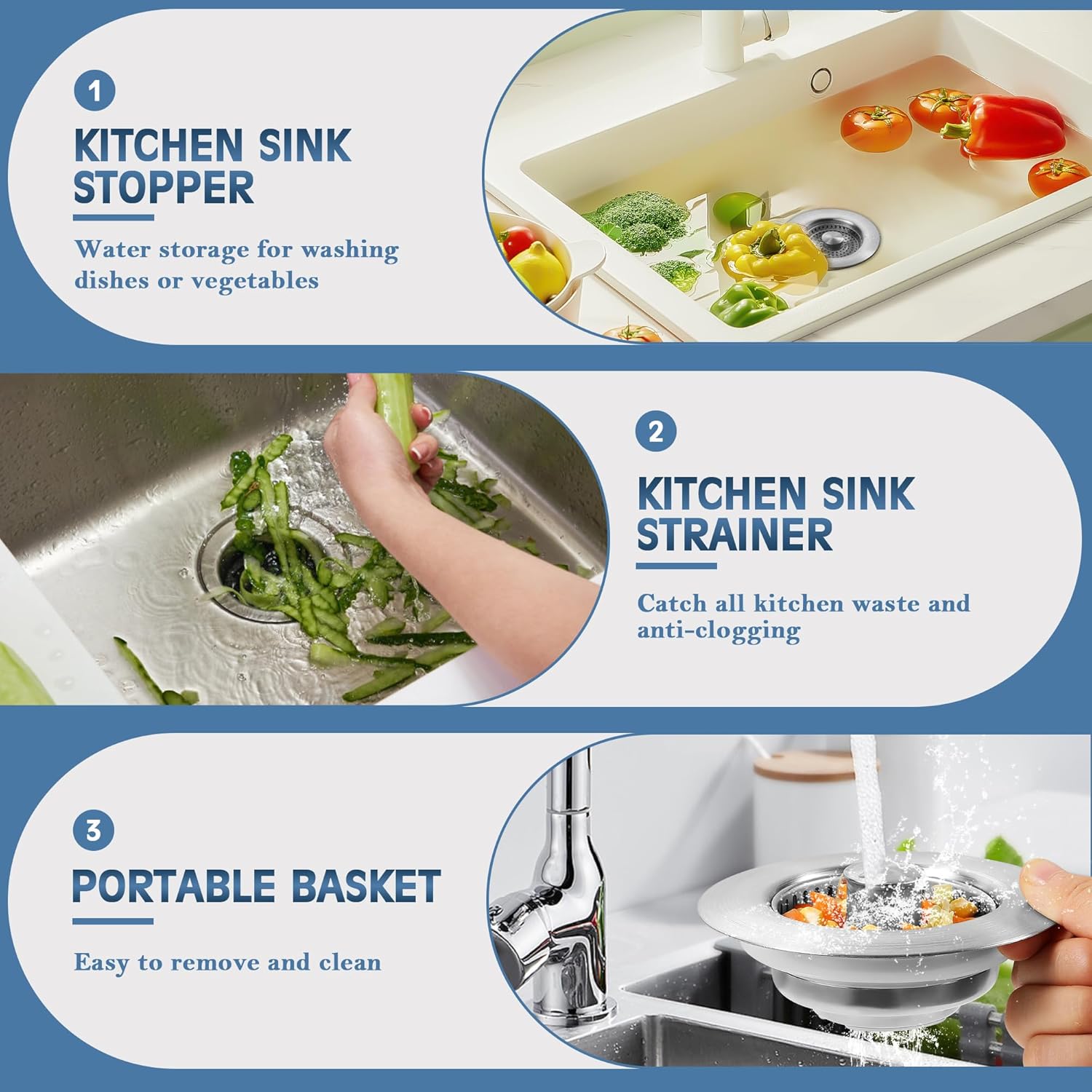 3 in 1 Kitchen Sink Drain Strainer with Pop Up Stopper
