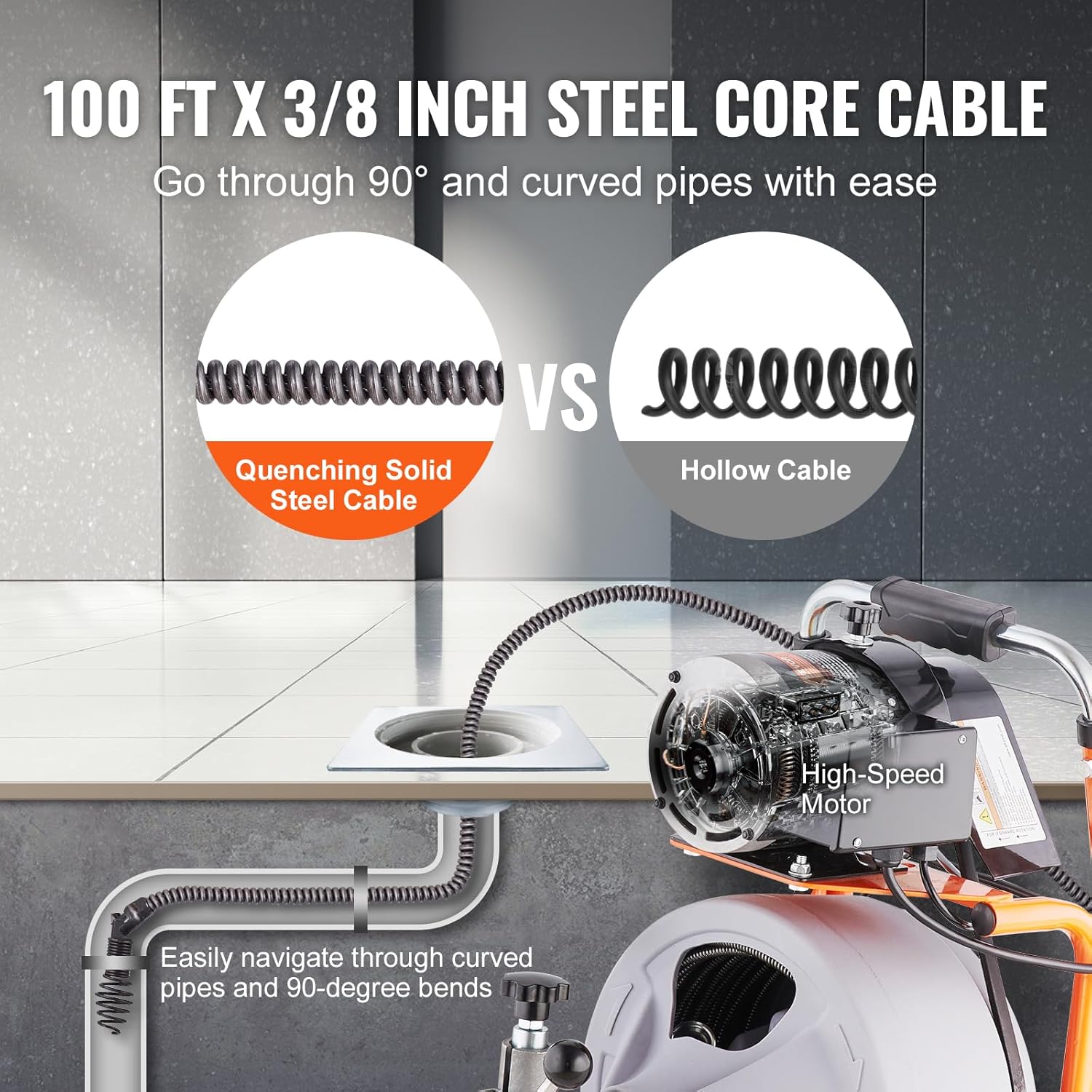 VEVOR 100FT Electric Pipe Cleaning Machine with 38 Steel Cable