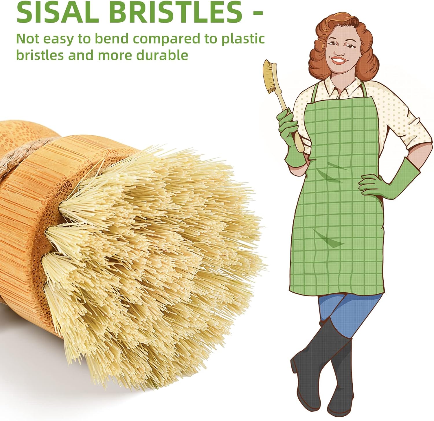 SUBEKYU Bamboo Dish Scrub Set of 2 with Sisal Bristles