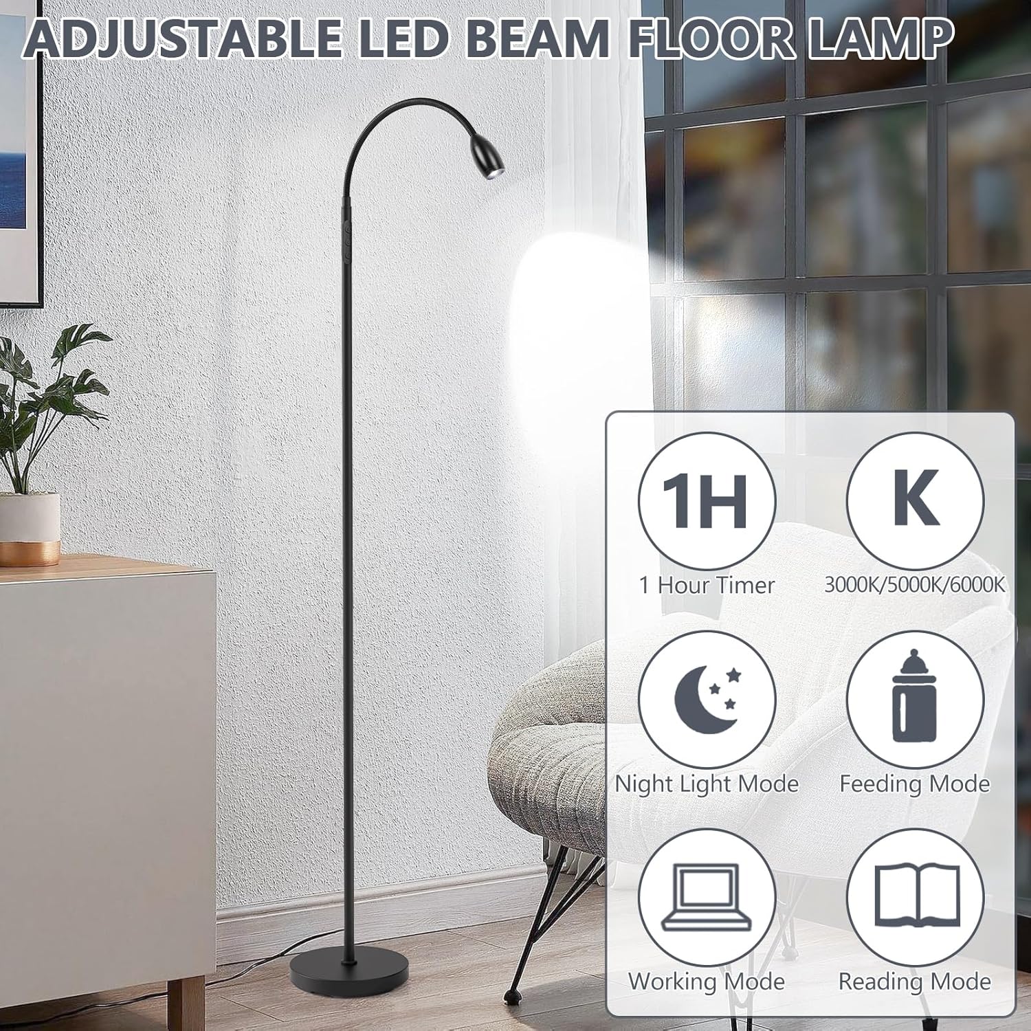 AUZONIMICS Reading Floor Lamp with Dimmable LED and Gooseneck