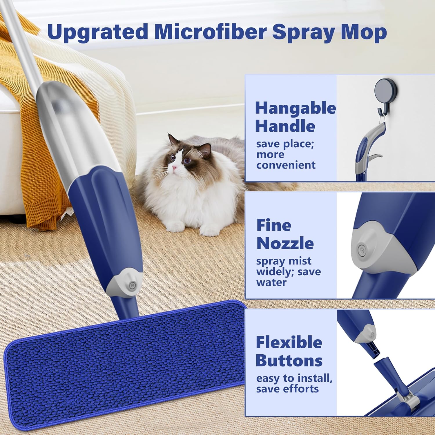 ILAVCLEAN Microfiber Spray Mop - 3 Washable Pads for Wet Dry Cleaning
