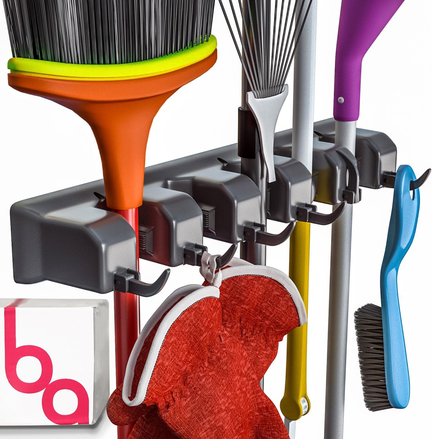 Berry Ave Broom Holder Wall Mount Organizer - 5 Slots 6 Hooks Black