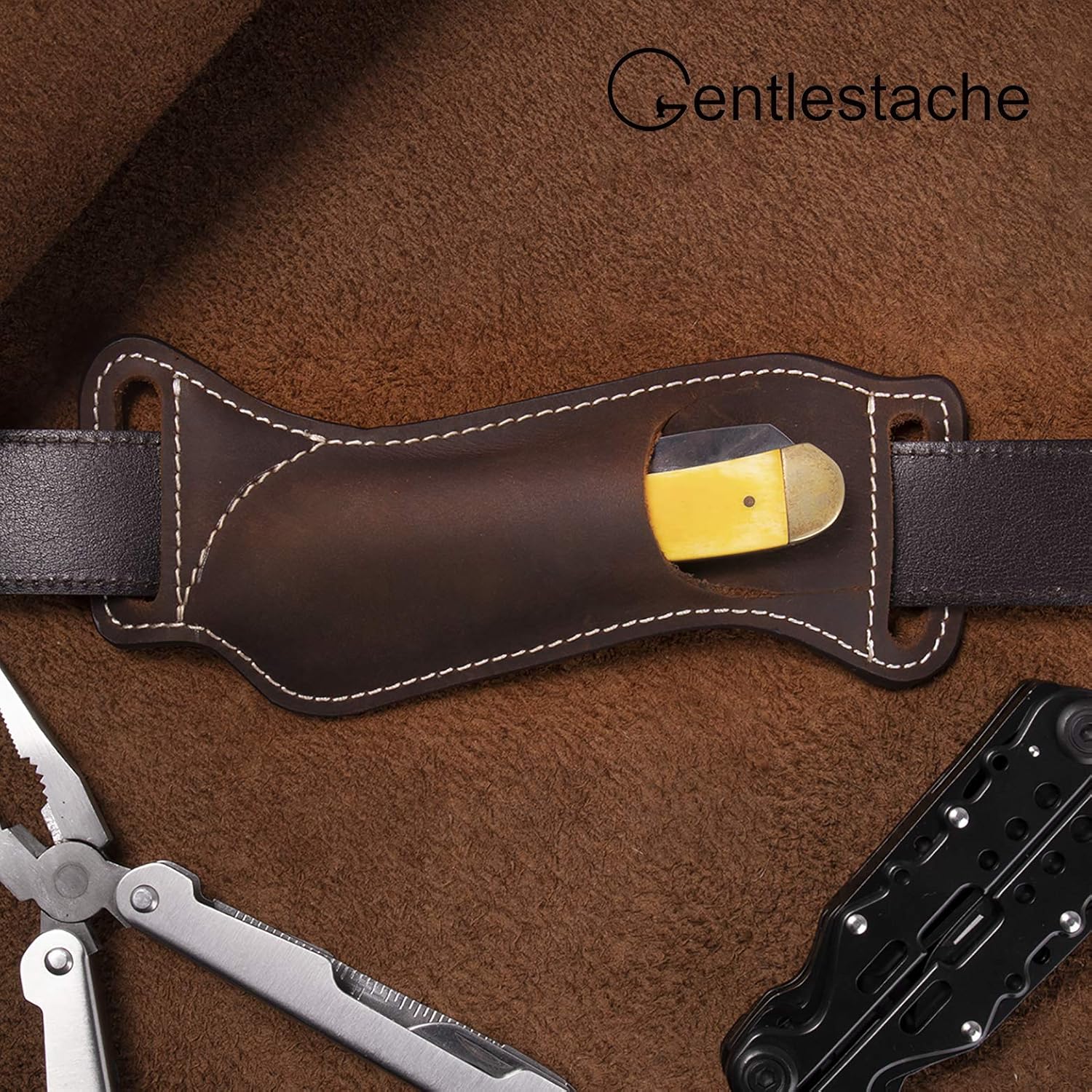 Gentlestache Leather Knife Sheath for Belt EDC Pocket Knife Carrier