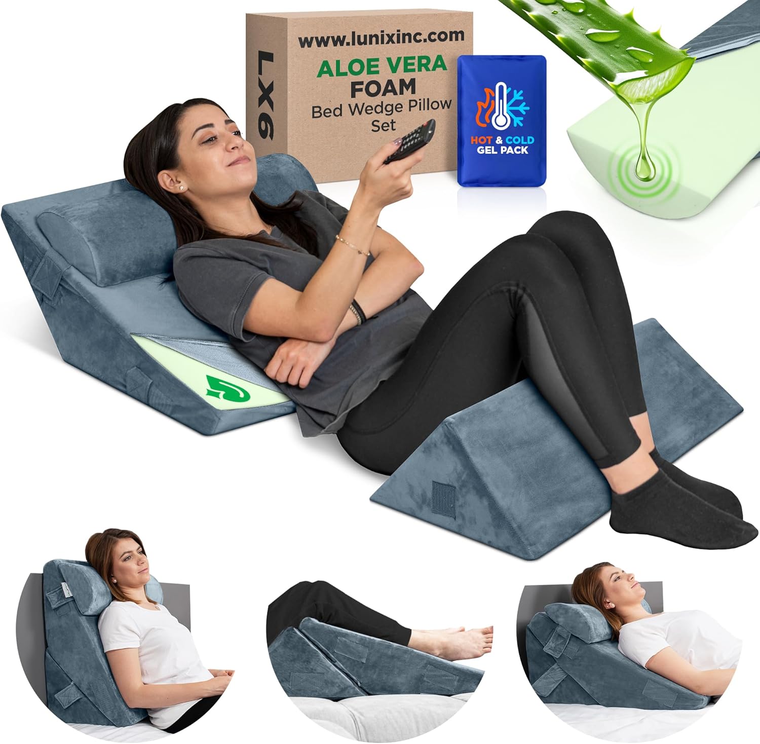 Lunix 3pcs Orthopedic Bed Wedge Pillow Set with Hot Cold Pack