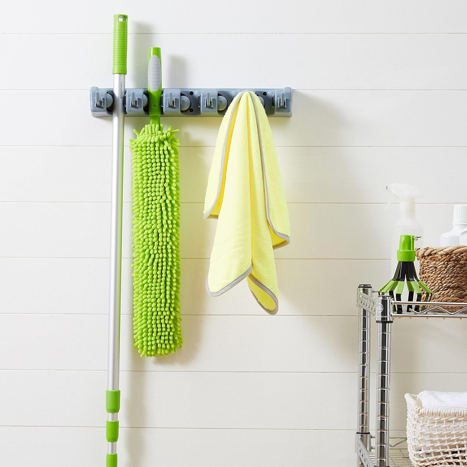 Amazon Basics Wall Mount Broom Holder with Hooks and Slots Gray