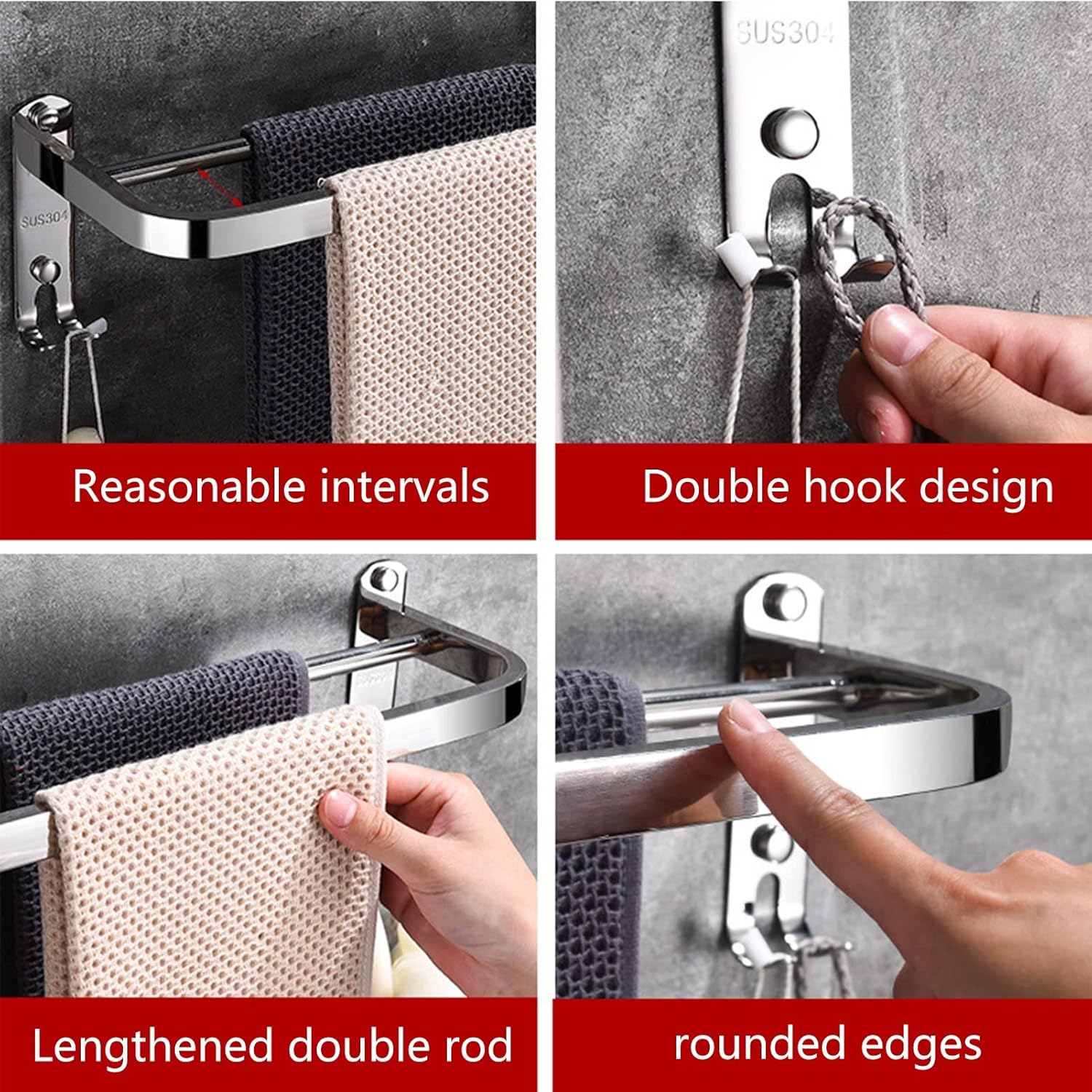 Stainless Steel Double Towel Rail with Hooks for Bathroom and Kitchen