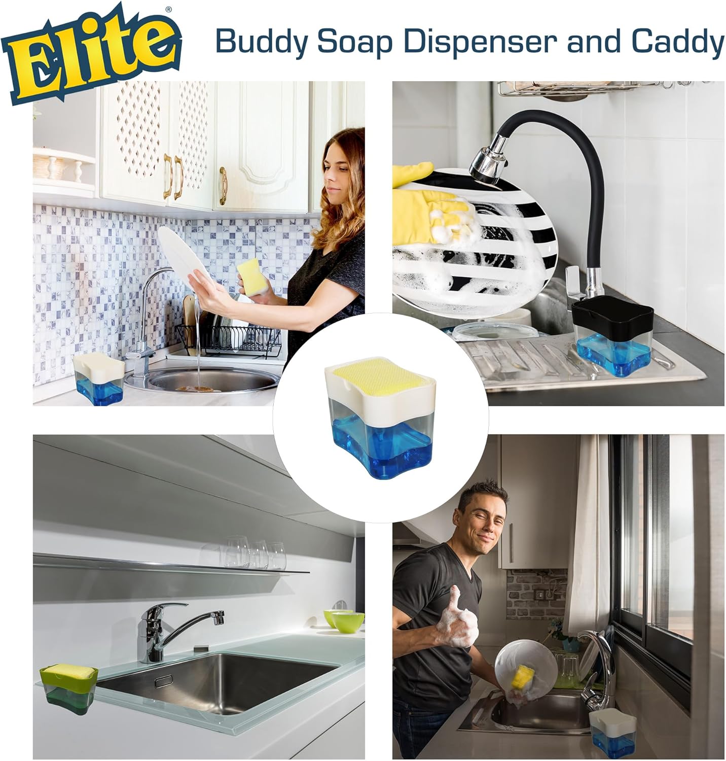 Elite Buddy Dish Soap Dispenser with Sponge Holder White