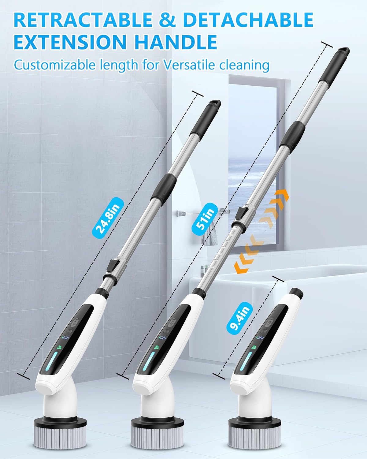 VTT Electric Bathroom Scrubber with 8 Brush Heads and Detachable Handle